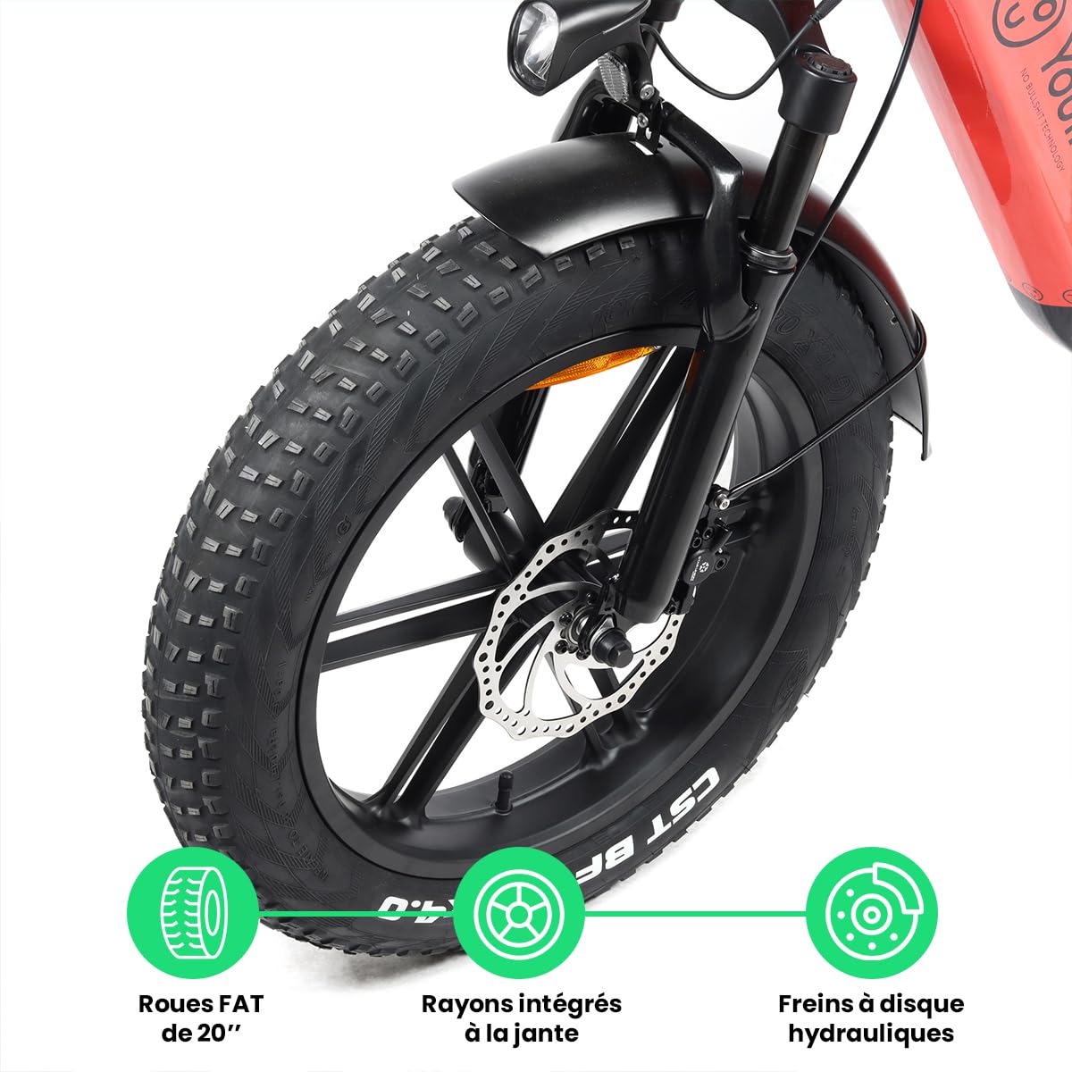 YOUIN NO BULLSHIT TECHNOLOGY Youin Luxor BK1716 Vélo électrique pliable Fat 20" Moteur 250W Batterie intégrée amovible Freins hydrauliques Changement de vitesse 7 vitesses Portée réelle de 60 km