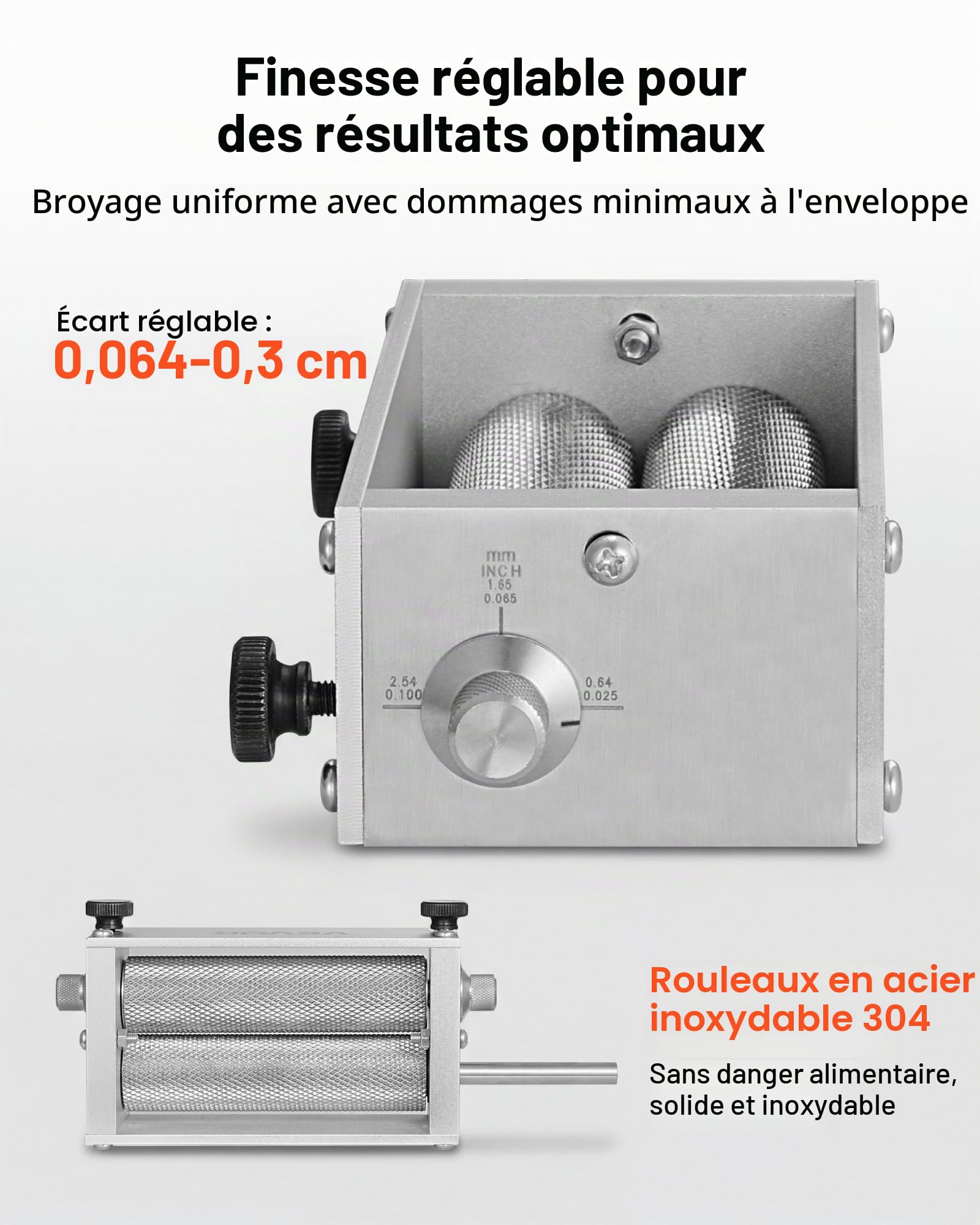 VEVOR Moulin à Grains Manuel, Broyeur à Malt pour Brassage Amateur, pour Brassage de Bière de Blé Orge, Concasseur à Malt Réglable avec 2 Rouleaux en Inox, Trémie de 4 L et Plaque de Base en Métal