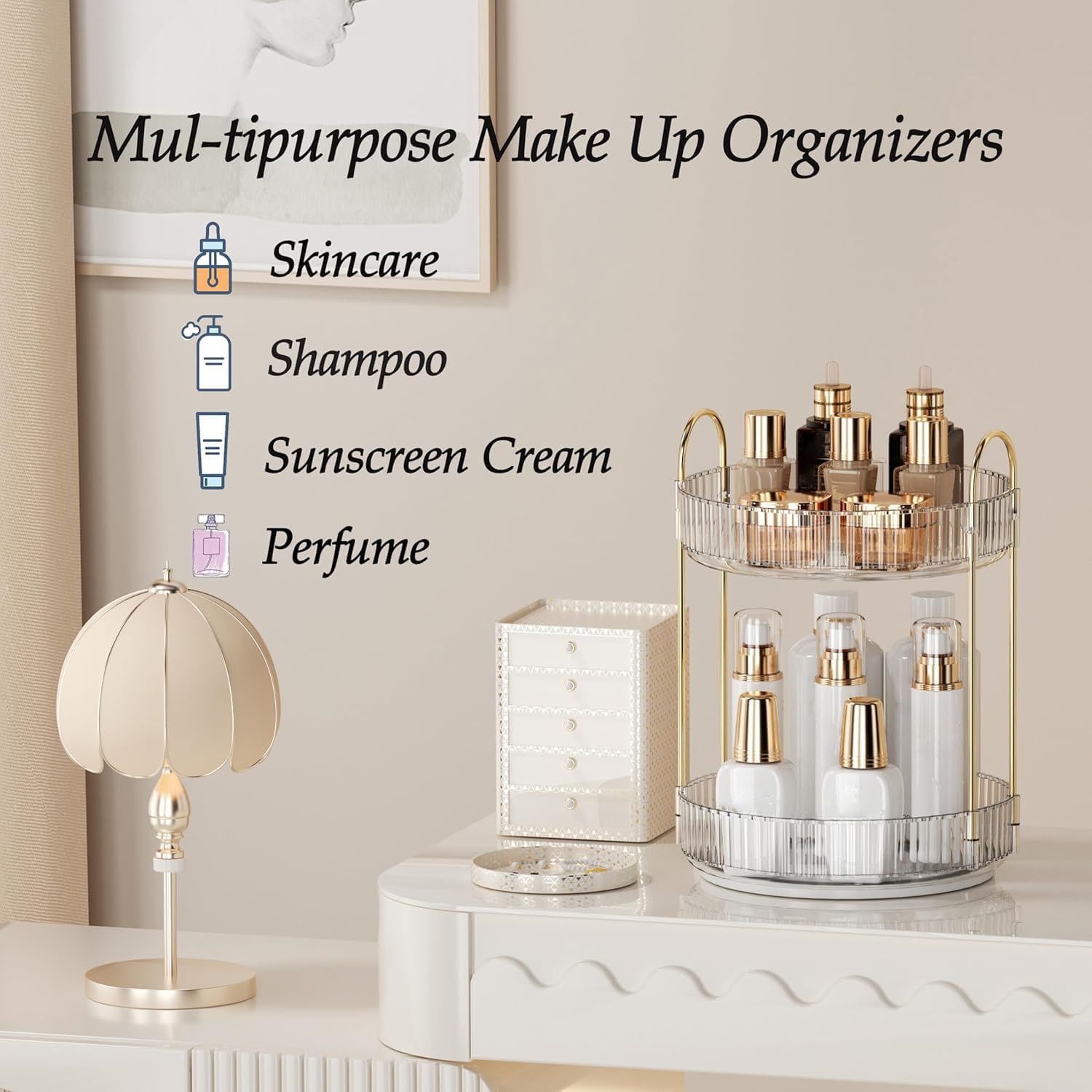 Organizzatore di Trucco Rotante a 360°, Porta Trucchi Organizzatore Grande Capacità,Organizzatore di Profumi,Organizer Trucchi Multifunzione per Toeletta,Camera da Letto,2 Livello Trasparente