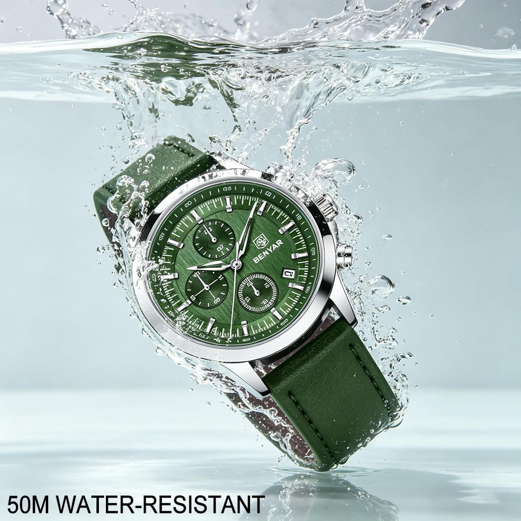 BENYAR Mens Watches Analog Quartz Chronograph Waterproof Wrist Watches for Men Luminous Fashion Business Casual Sport Elegant Dress Watch with Calendar Stainless Steel/Leather Strap