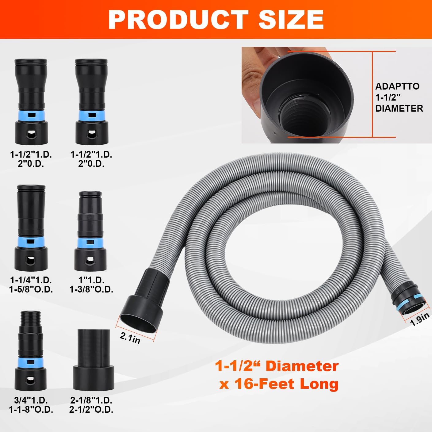 Commercial Dust Collection Hose Kit: 16.4FT Shop Vac Extension TPE Hose With 6 Adapter For Shop&Home Vacuums System - 1.1/2 Inch Hose Compatible with Woodworking Power Tool & Sander