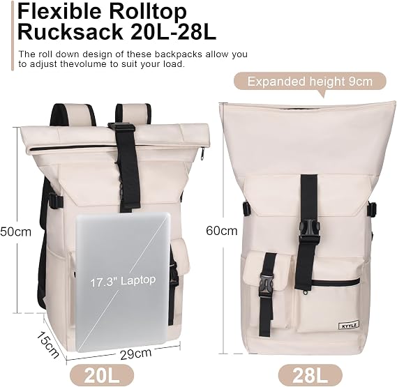 28 L Roll Top Backpack Mens, Large Waterproof Rucksack Womens, School Bag with Laptop Compartment 17 inch, Waterproof Backpack for Travelling Rucksack for University bag Business Sports, Beige