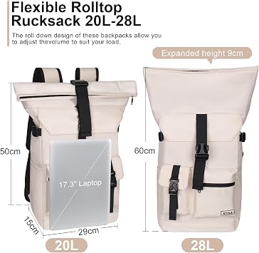 28 L Roll Top Backpack Mens, Large Waterproof Rucksack Womens, School Bag with Laptop Compartment 17 inch, Waterproof Backpack for Travelling Rucksack for University bag Business Sports, Beige