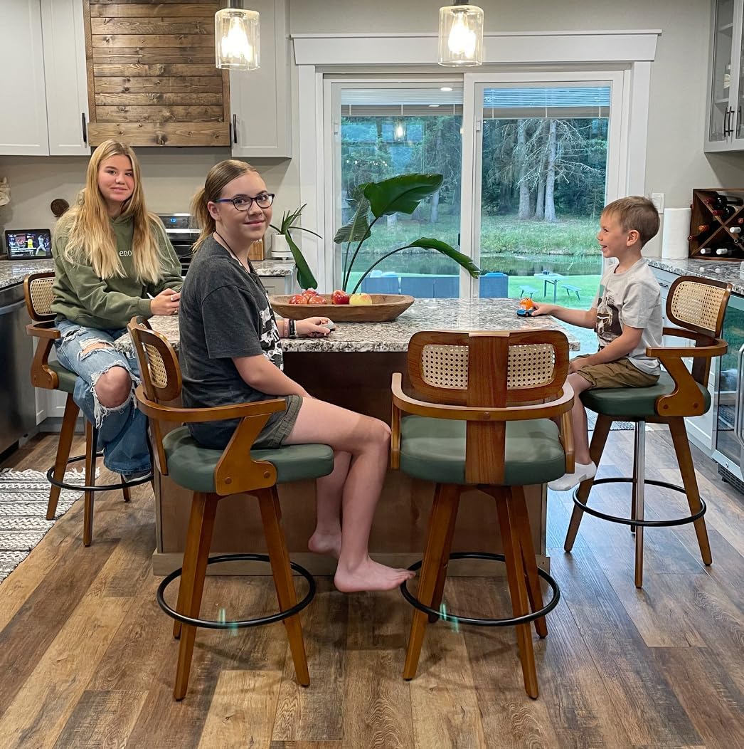 Set of 1 Counter Height Bar Stool - 27 inch Swivel Counter Stool with Walnut Craftsmanship, Cane Back, Upholstered Faux Leather, Kitchen Island Stool for Island/Pub/Kitchen- Black