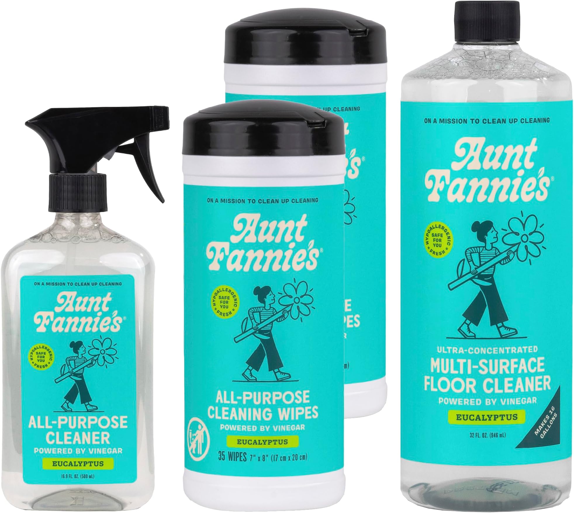 Aunt Fannie's Multi-Surface Vinegar Cleaning Kit: All Purpose Spray, Wipes, and Floor Cleaner (Eucalyptus, Cleaning Bundle)
