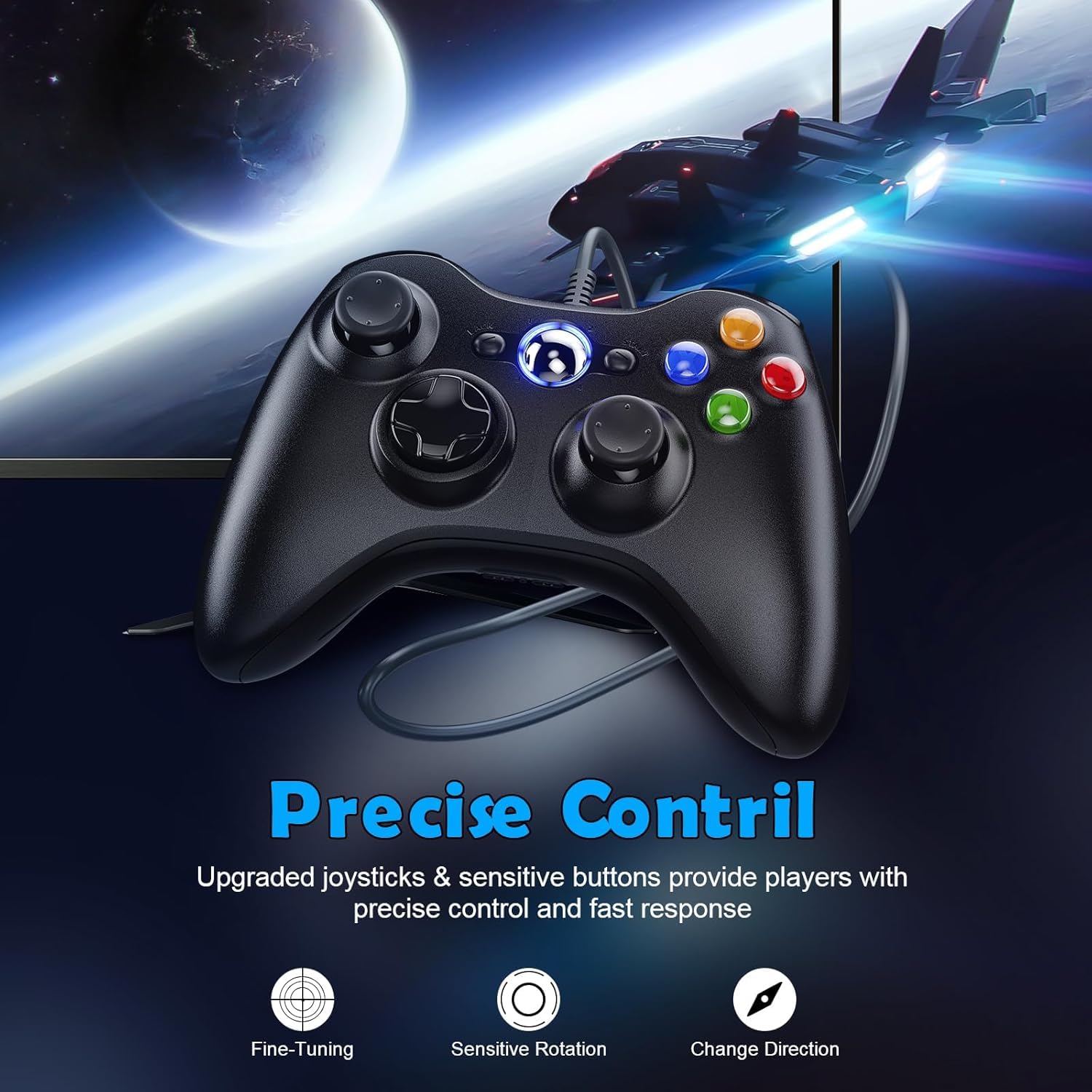 Dinosoo 3 m di ricambio per controller Xbox 360 cablato, controller PC con joystick aggiornato, doppio shock, jack audio da 2,5 mm, confezione da 2