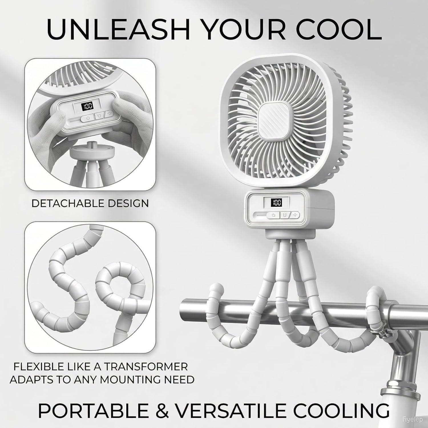 3 in 1 Desk Fan with Detachable Stand, Stroller Fan for Baby, Turbo Table Fan for Bedroom with Desk Lamp, 270 Oscillating Head, 100-Speed Digital Display, Silent, White