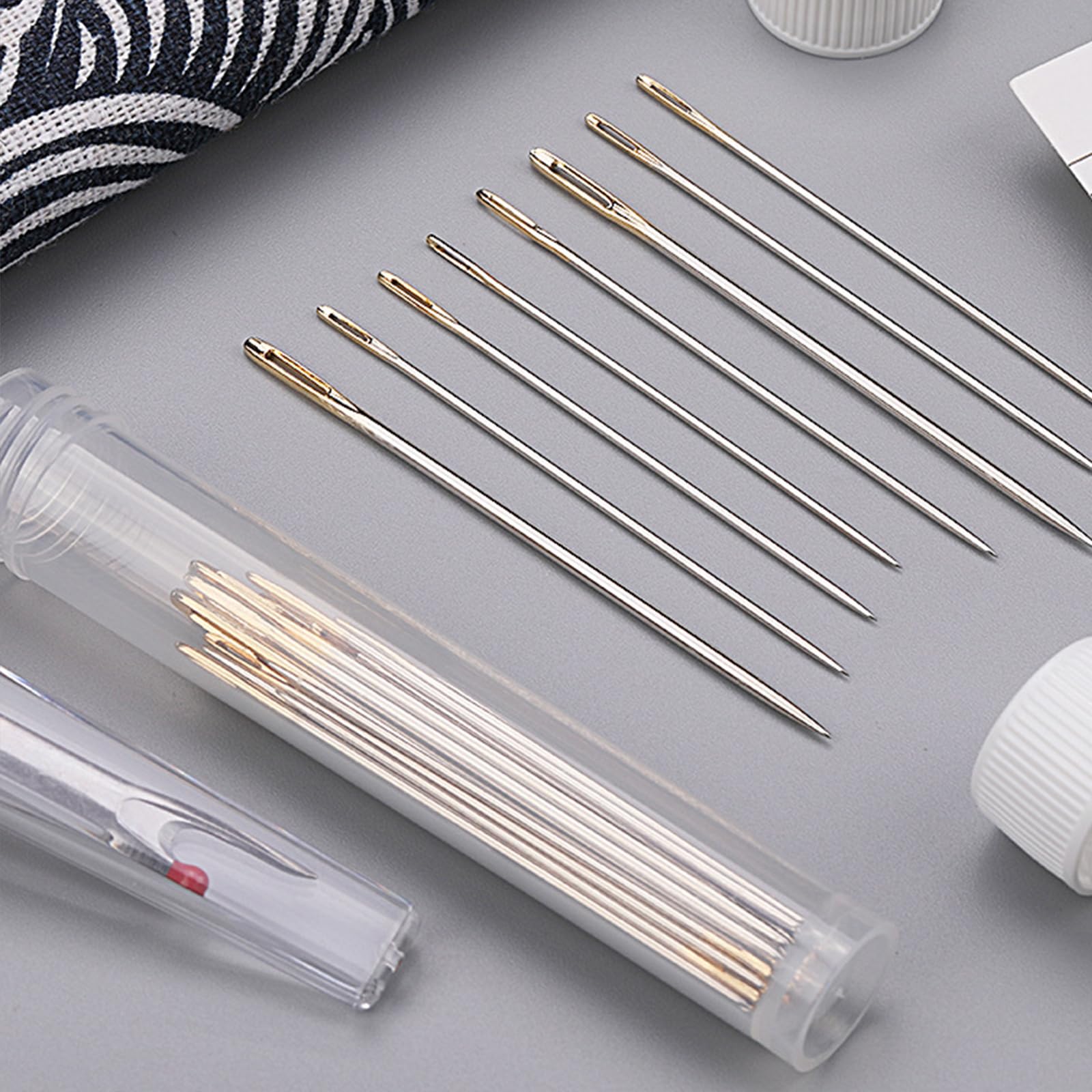 MRKU Sticknadeln aus Edelstahl mit großem Öhr in 11 Größen und Aufbewahrungskoffer mit Einfädler und Fingerhut zum Handnähen und Reparieren von Kleidung