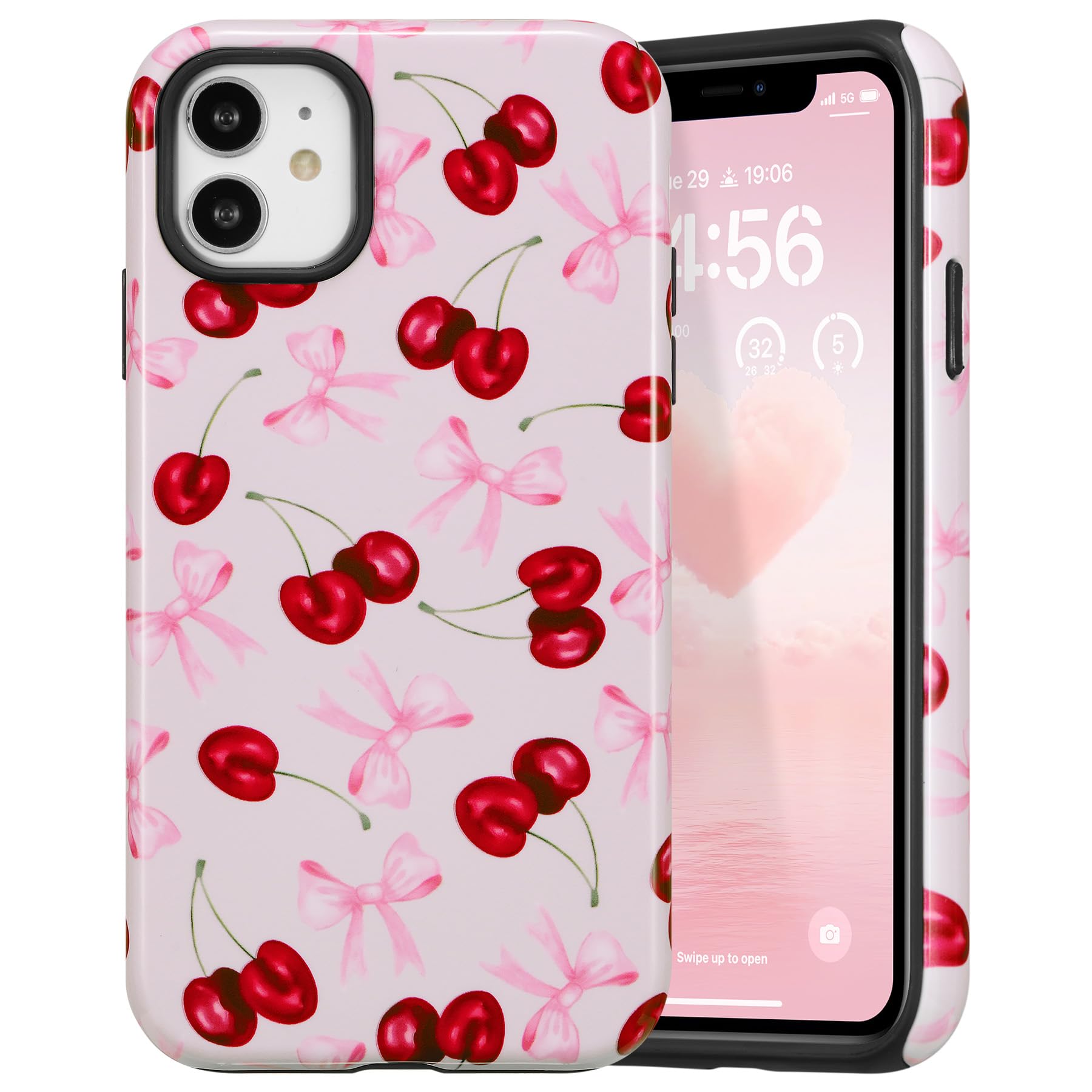 DEFBSC Case for iPhone 11, Cute Pink Bow Cherry Print Aesthetic Trendy Pattern for Women Girls Slim Durable Bumper Shockproof for iPhone 11 Case, Pink