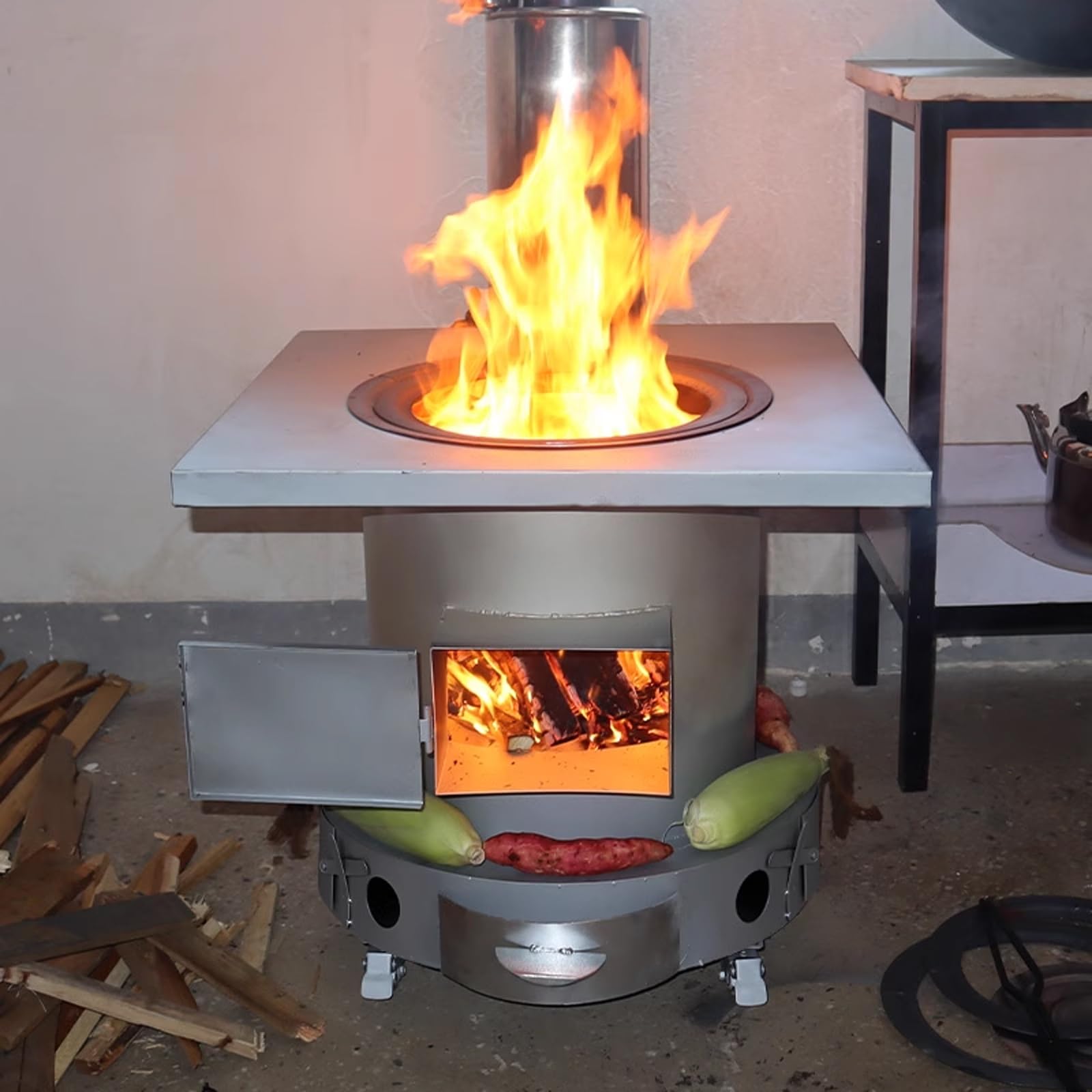 Cucina a Legna con Forno con Ruote Forni Doppi Fornetto a Legna da Interno Ponte Della Stufa in Acciaio Lamiera D'acciaio Soggiorni e Terrazze(B)