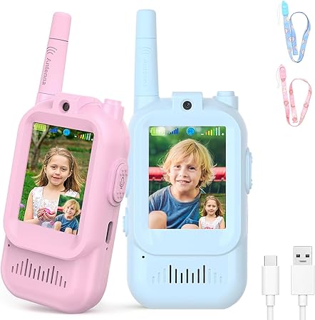 Video Walkie Talkies for Kids, Rechargeable Kids Walkies Talkies 2 Pack, Indoor Outdoor Toys for Game Party Camping, Christmas Birthday for Aged 3 4 5 6 7 8 9 Girls Boys,Blue&Pink