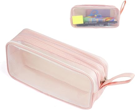 Hopton Pink Transparent Pencil Case for Exams, Large Capacity, 2 Compartments, Mesh Pencil Pouch for Girls Boys School Stationery