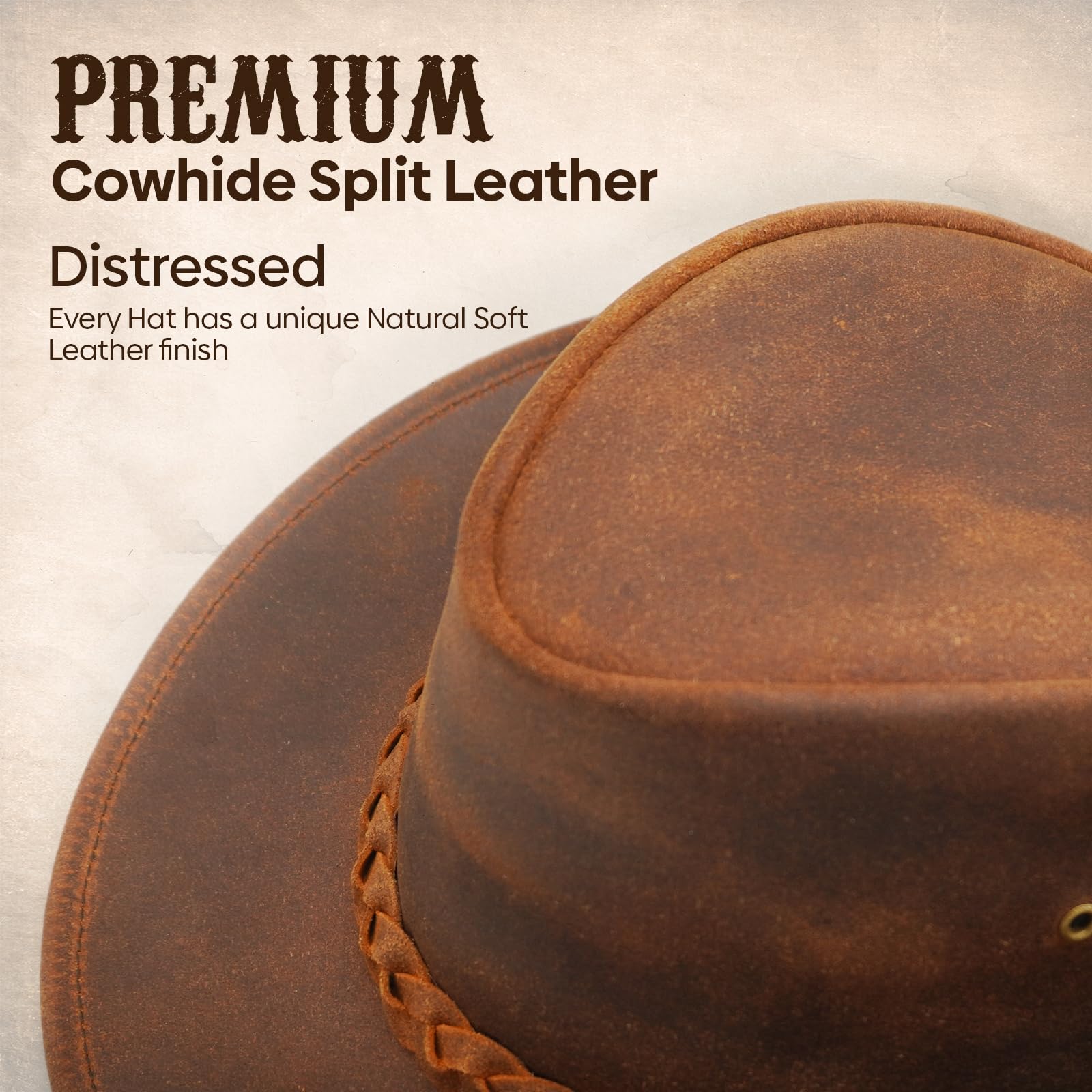 Equine Care Cappello da cowboy Outback in pelle pieno fiore, unisex, con fascia intrecciata e sottogola, stile vintage occidentale per uomini e donne, marrone