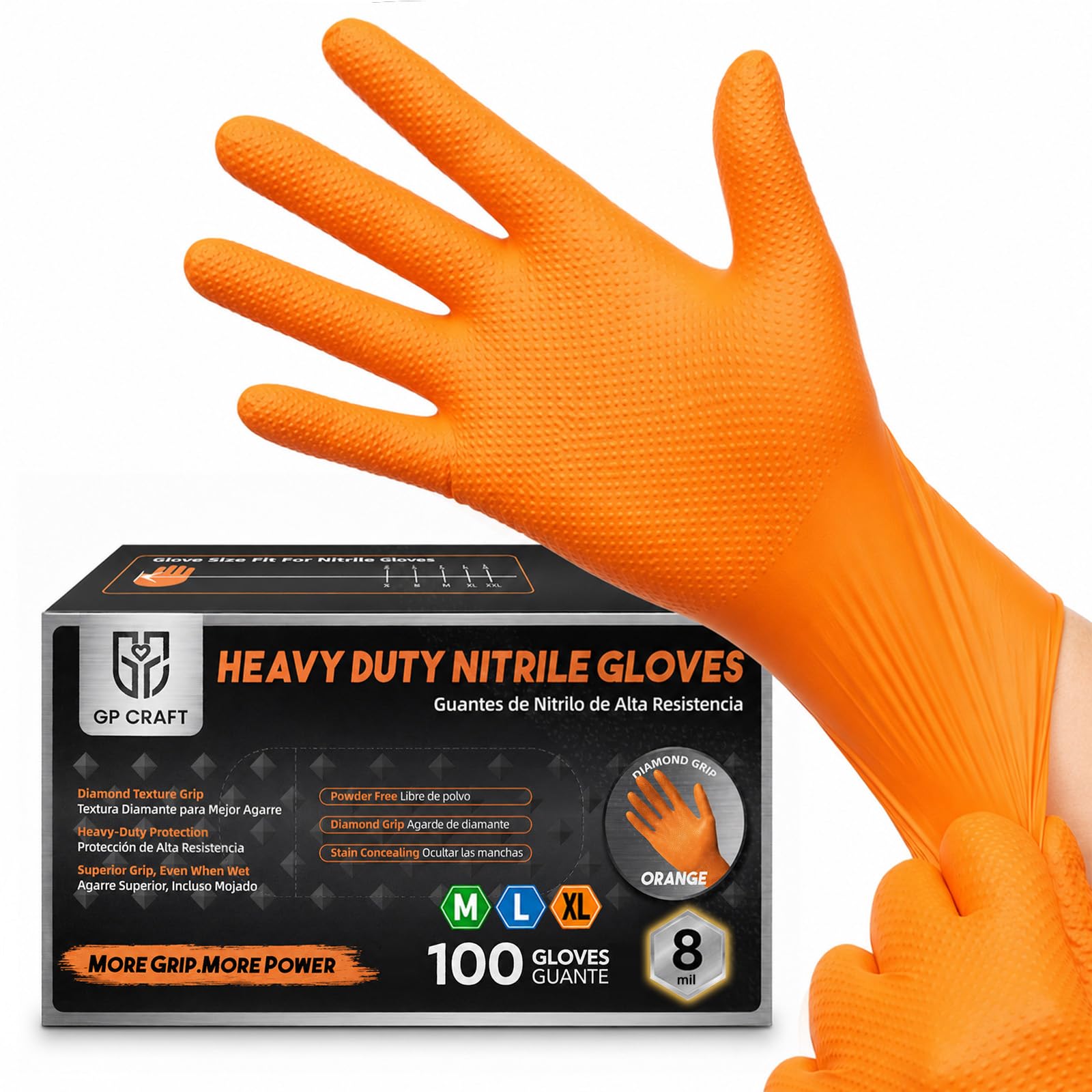 GP68 Nitrilhandschuhe, Orange, 8 mm, strapazierfähig, industriell, puderfrei, latexfrei, reißfest (L)