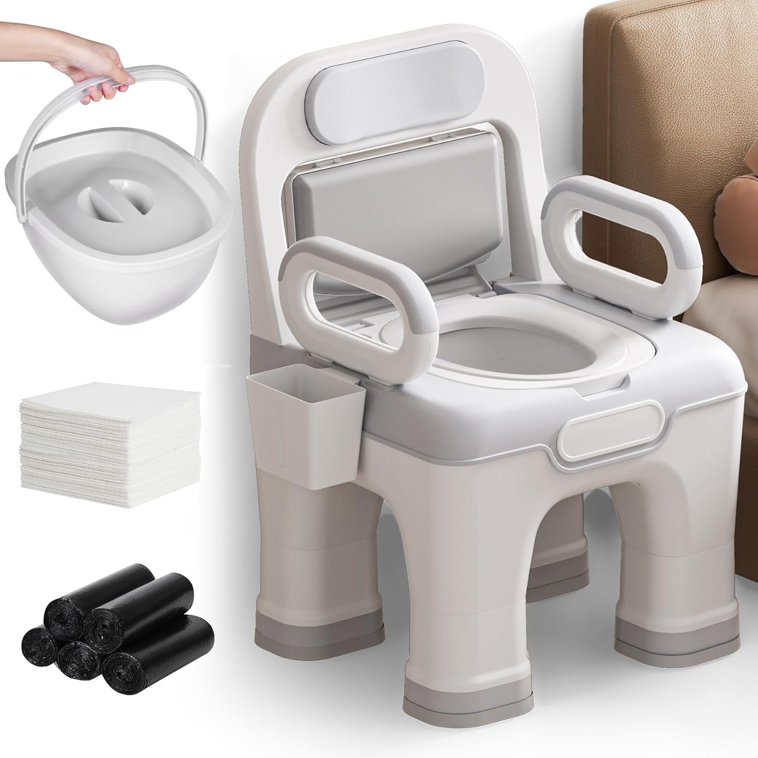 Bedside Commode for Elderly & Disabled - Includes 100 Liners, 40 Absorbent Pads & Commode Bucket Replacement