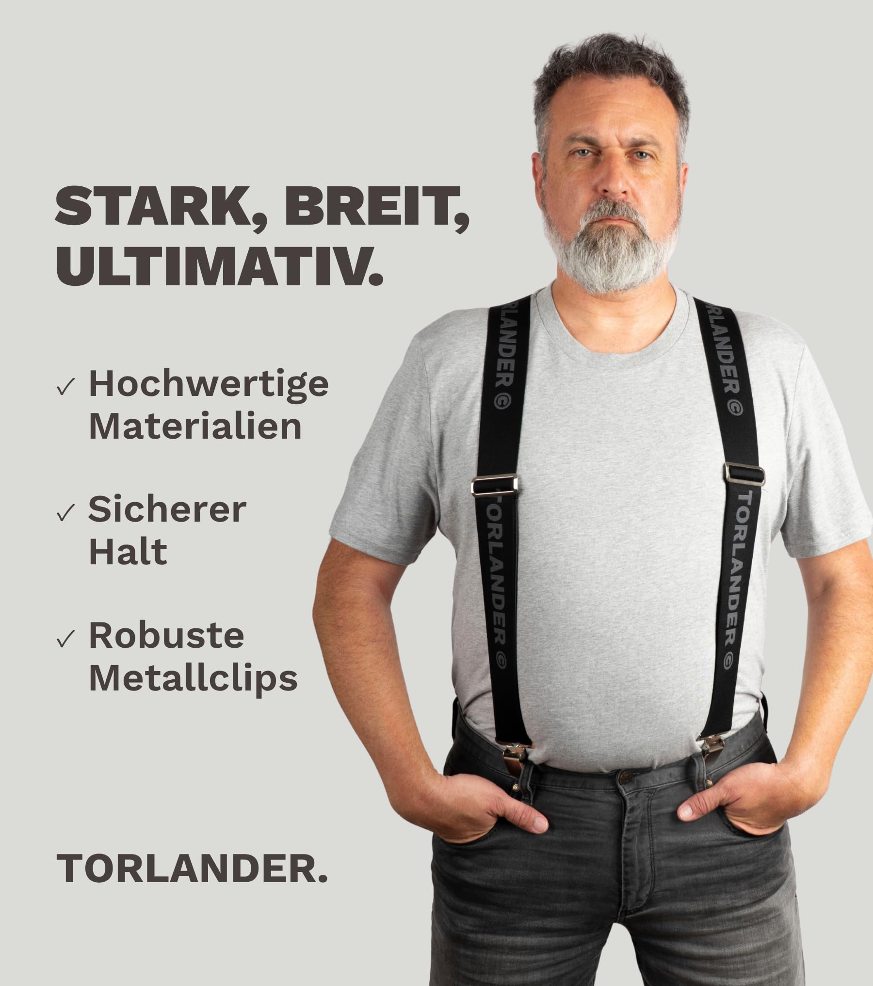Hosenträger Herren extra stark, mit Rindsleder, 5 cm breit, für Arbeitshose, Motorradhose | 135 cm lang, verstellbar bis Körpergröße 2 m