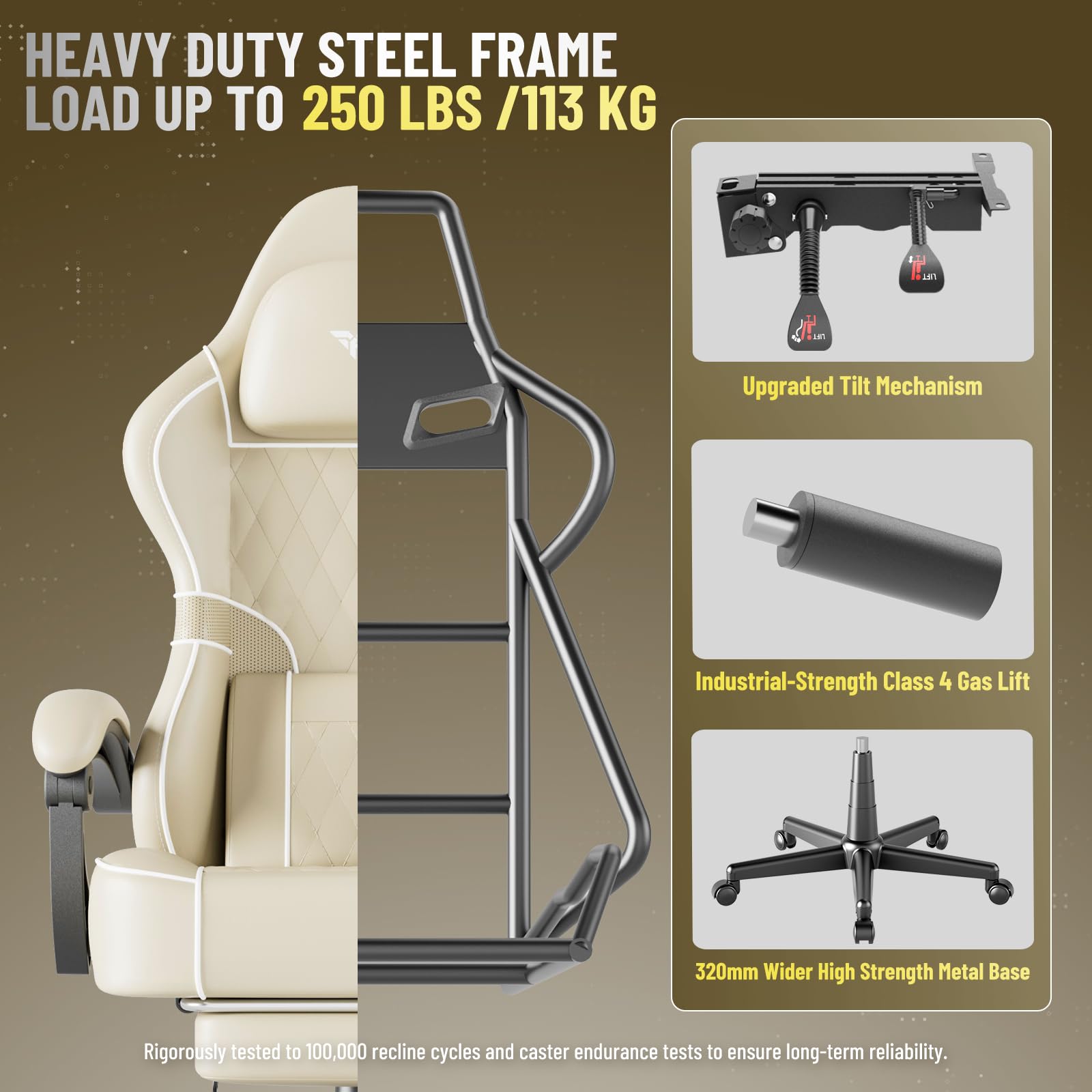 Huracan Chaise Gaming, Fauteuil Gamer avec Massage, Gaming Chair Ergonomique pour PU, Siège de Bureau Gaming réglable et pivotante à 360°, Chaise Gamer avec Repose-Pieds, Beige