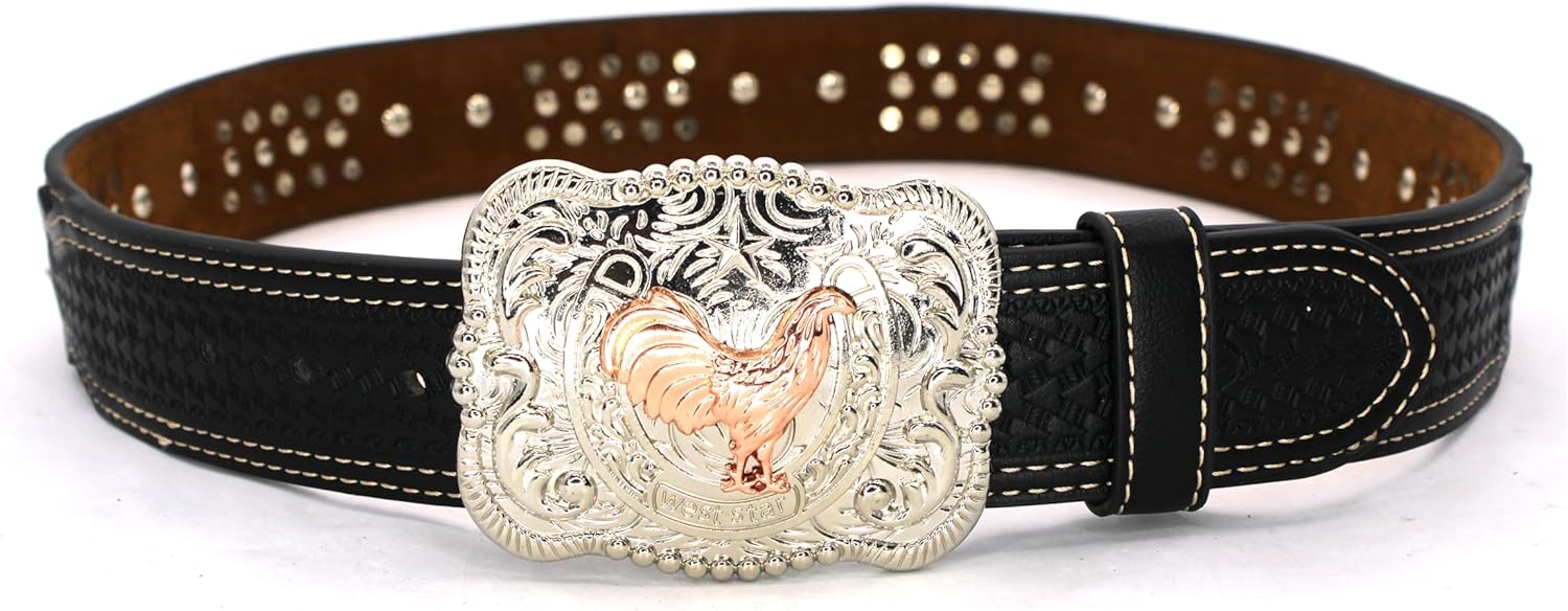 West Star Cowhair Belt Mens Women Western Cowboy Leather Belt Longhorn Horse Rooster Cowboy Prayer Flag