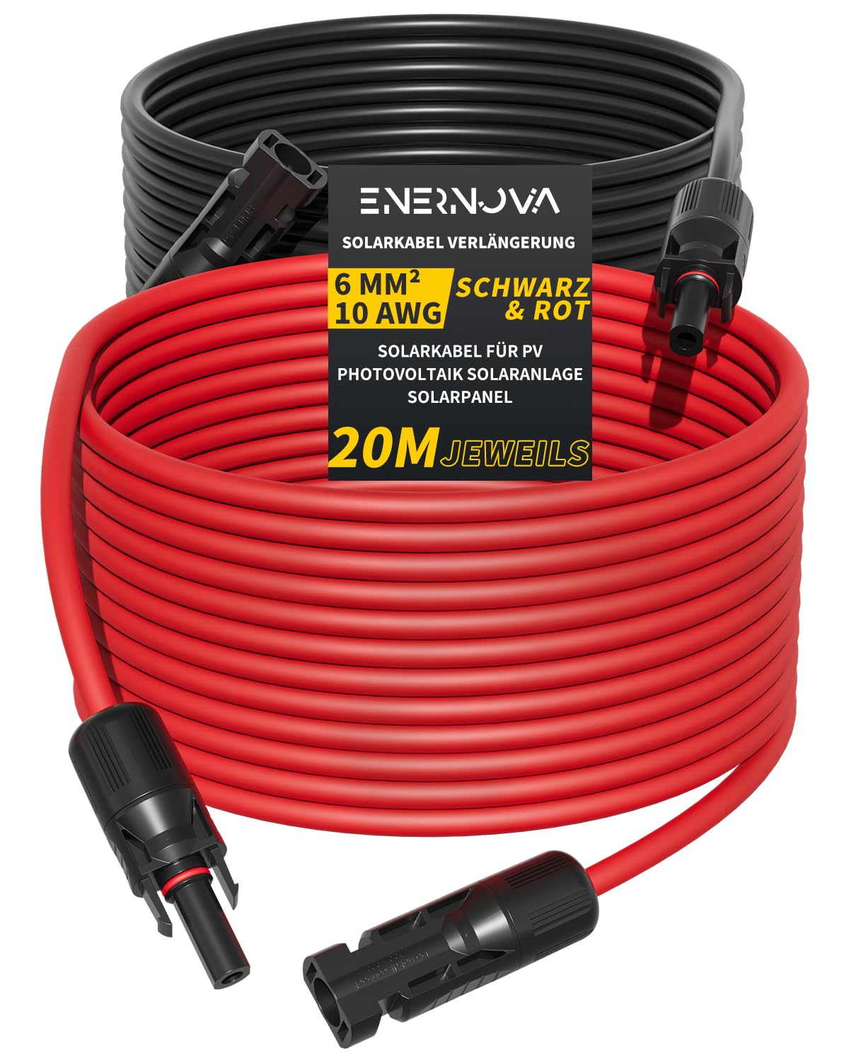 enernova Kabel Solarny 4 mm²/6 mm², Przedłużacz 1/2/3/5/10/15/20 m, Multi-Contact 4, Wodoszczelny IP67 Kabel Zasilający, Wtyczka Solarna, Wodoszczelność, Przedłużacz(6mm² 20M)