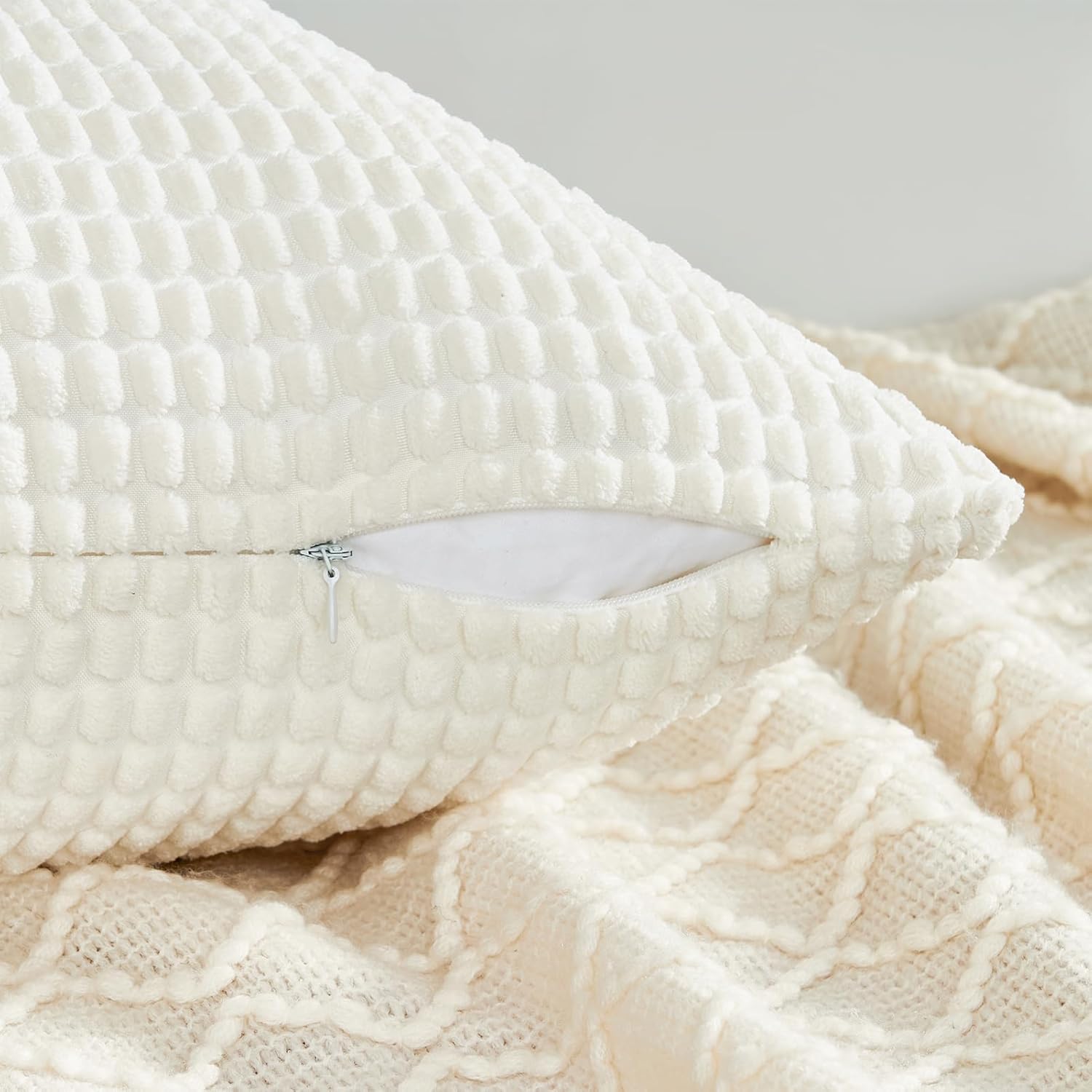 Topfinel Cream White Decorative Throw Pillow Covers 18x18 Inch Set of 4 for Living Room Couch Bed Sofa, Boho Natural Farmhouse Home Decor, Soft Plush Corduroy Cute Square Beige Cushion Case 45x45 cm - Image 6