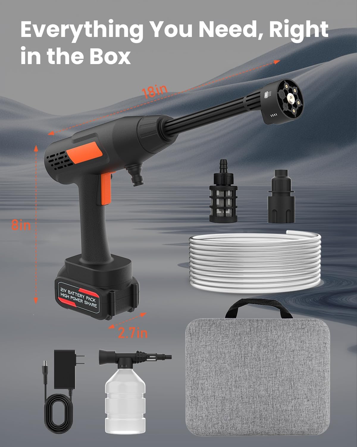 Cordless Pressure Washer Battery Powered 1100PSI Portable Power Washer Gun with 6-in-1 Nozzle & Foam Cannon, 21V 3.0Ah Electric Handheld High Pressure Cleaning for Car Patio - Image 9