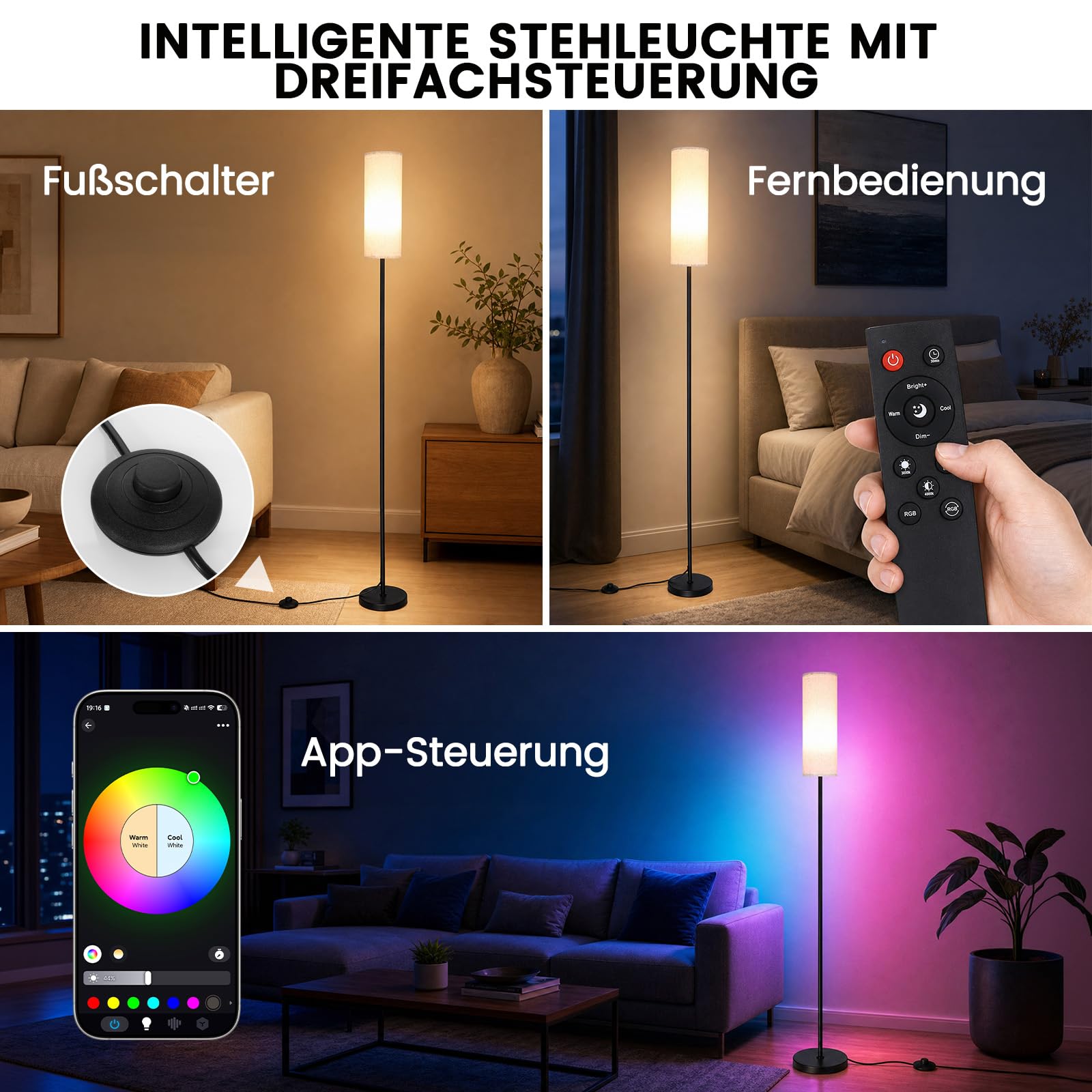 Stehleuchte mit Leinenschirm, 172 cm moderne Stehleuchte mit RGB Smart LED Lampe, Fernbedienung und stufenloser Dimmfunktion für Wohnzimmer, Schlafzimmer, Büro oder Ecke