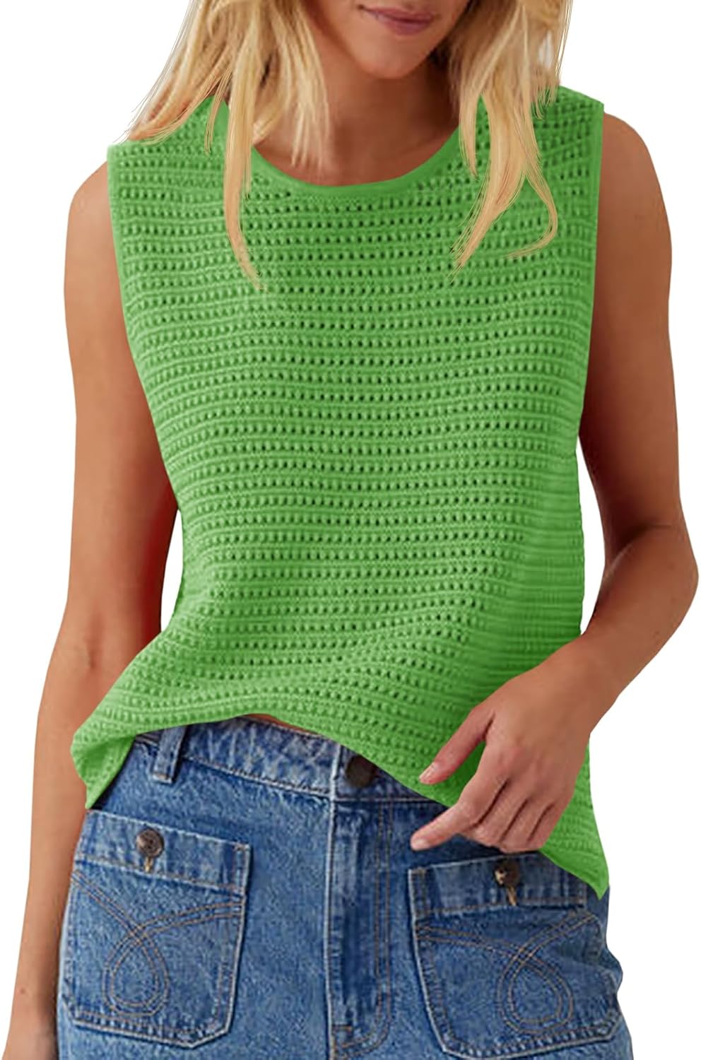 Saodimallsu Womens Crochet Tank Tops Summer Sleeveless Crew Neck Basic Mesh Knit Loose Pullover Sweater Vest