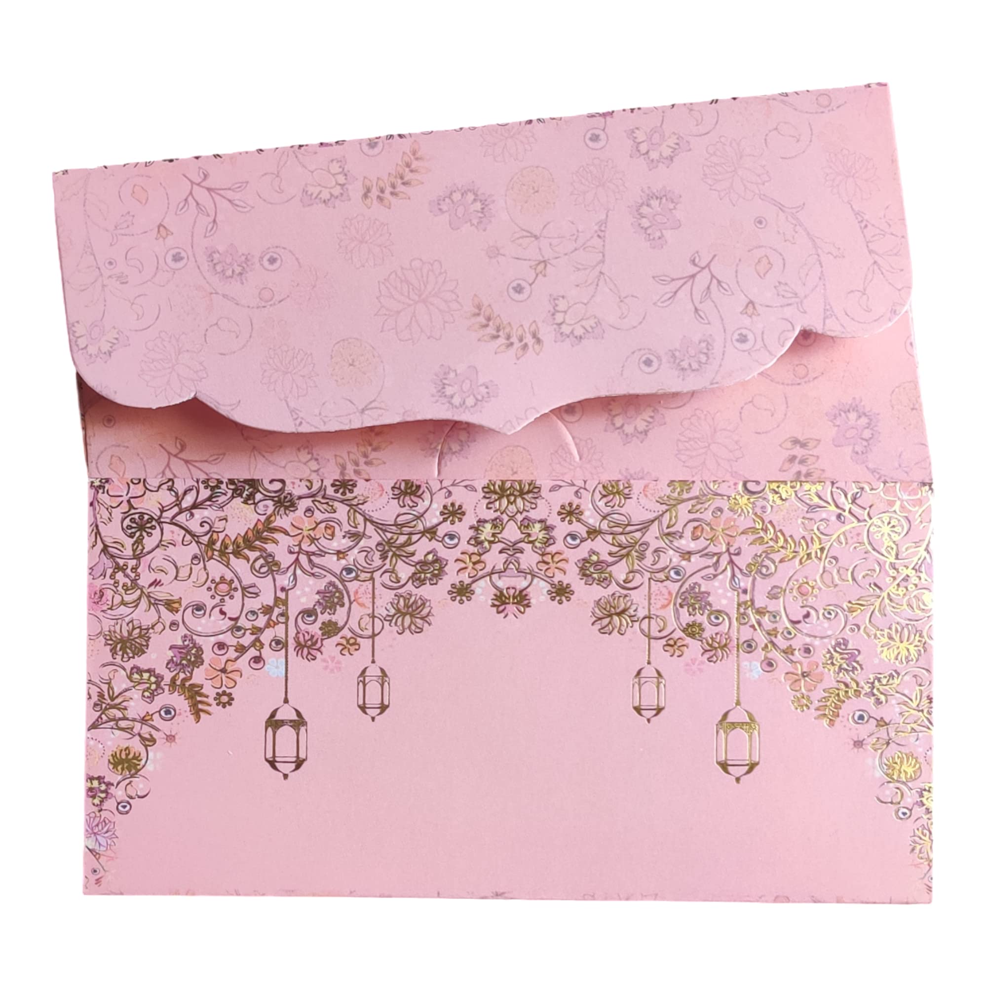 Jhintemetic® - Pack of 10 Elegant Pink and Golden Mistletoe and Lanterns Shagun Envelopes - 18.5cm x 9.0cm Perfect for Weddings, Birthdays, and Special Occasions 2