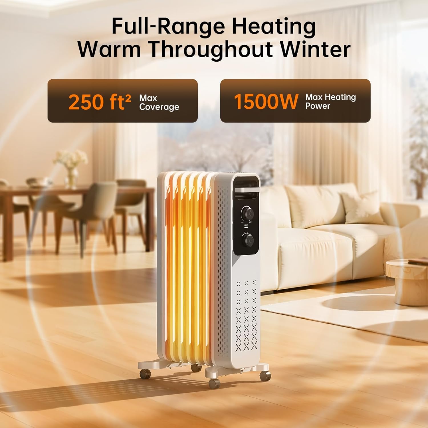 zafro 1500w oil filled radiator heater, energy saving electric space heater with 3 heat settings, tip-over & overheat protection, portable wheeled heater for home office indoor use, grey