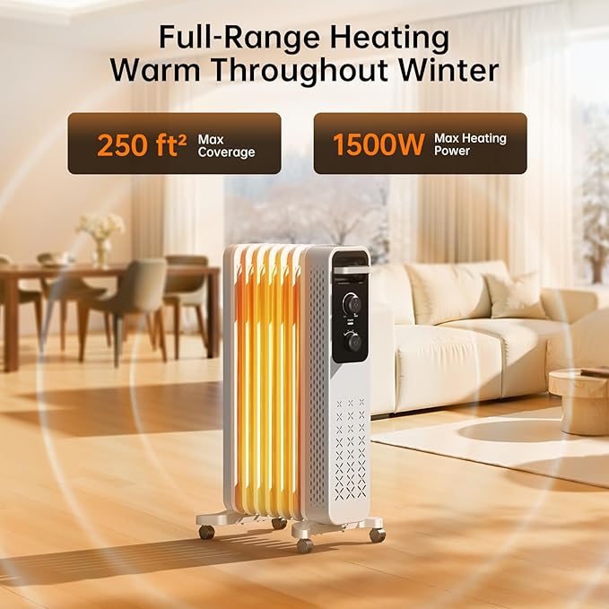 Calefactor Eléctrico Portátil Radiador de Aceite 1500W con 3 Niveles de Potencia miniatura 2