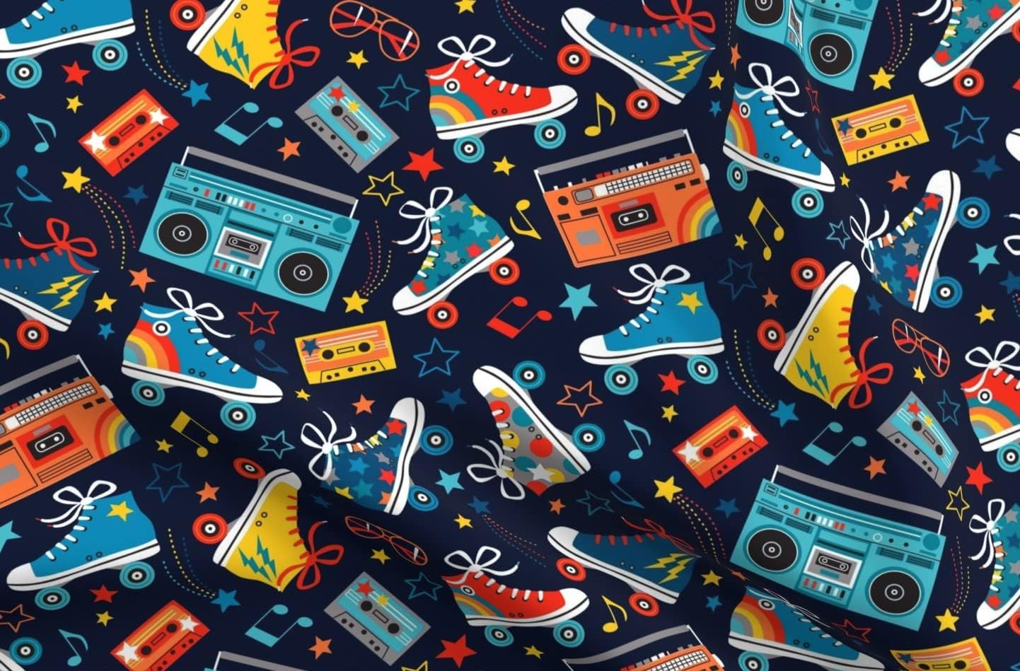 Spoonflower Fabric - Retro Rainbow Musical Notes Rainbows Roller Skates Skating Cassette Printed on Organic Cotton Sateen Fabric by The Yard - Sewing Quilting Apparel Home Decor