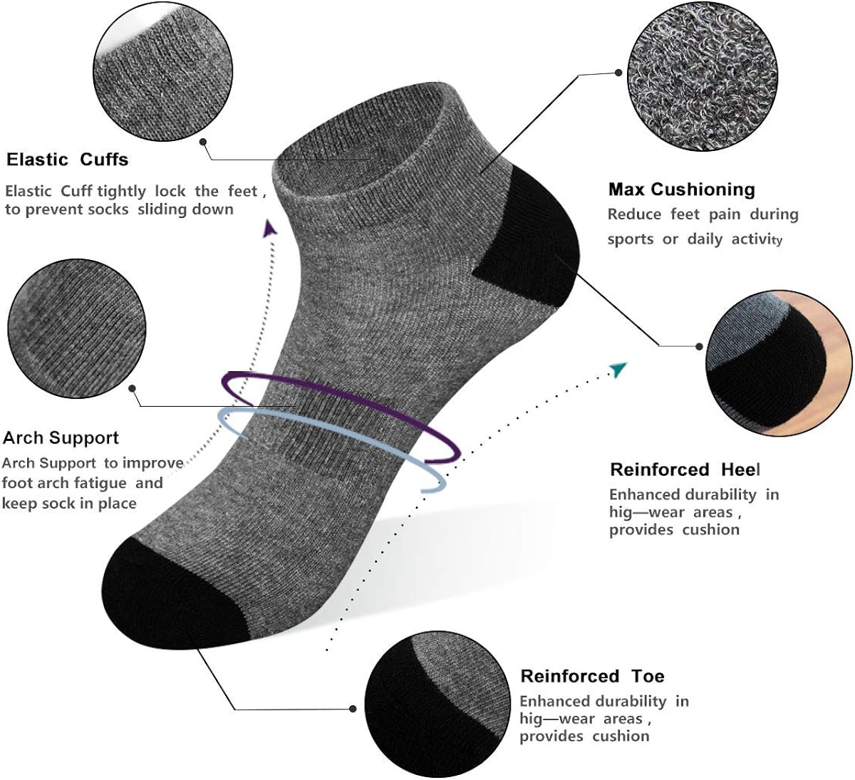 Shinno 6/12 Pack Mens Cushion Ankle Socks Low Cut Light Comfort Breathable Casual Sock