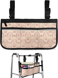 Red Baroque Wheelchair Side Bag Walker Bag, Vintage European Floral Pattern Wheelchair Accessories Armrest Pouch, Organizer Storage Bag for Walkers, Rollators, Scooters, 7.3'x13'
