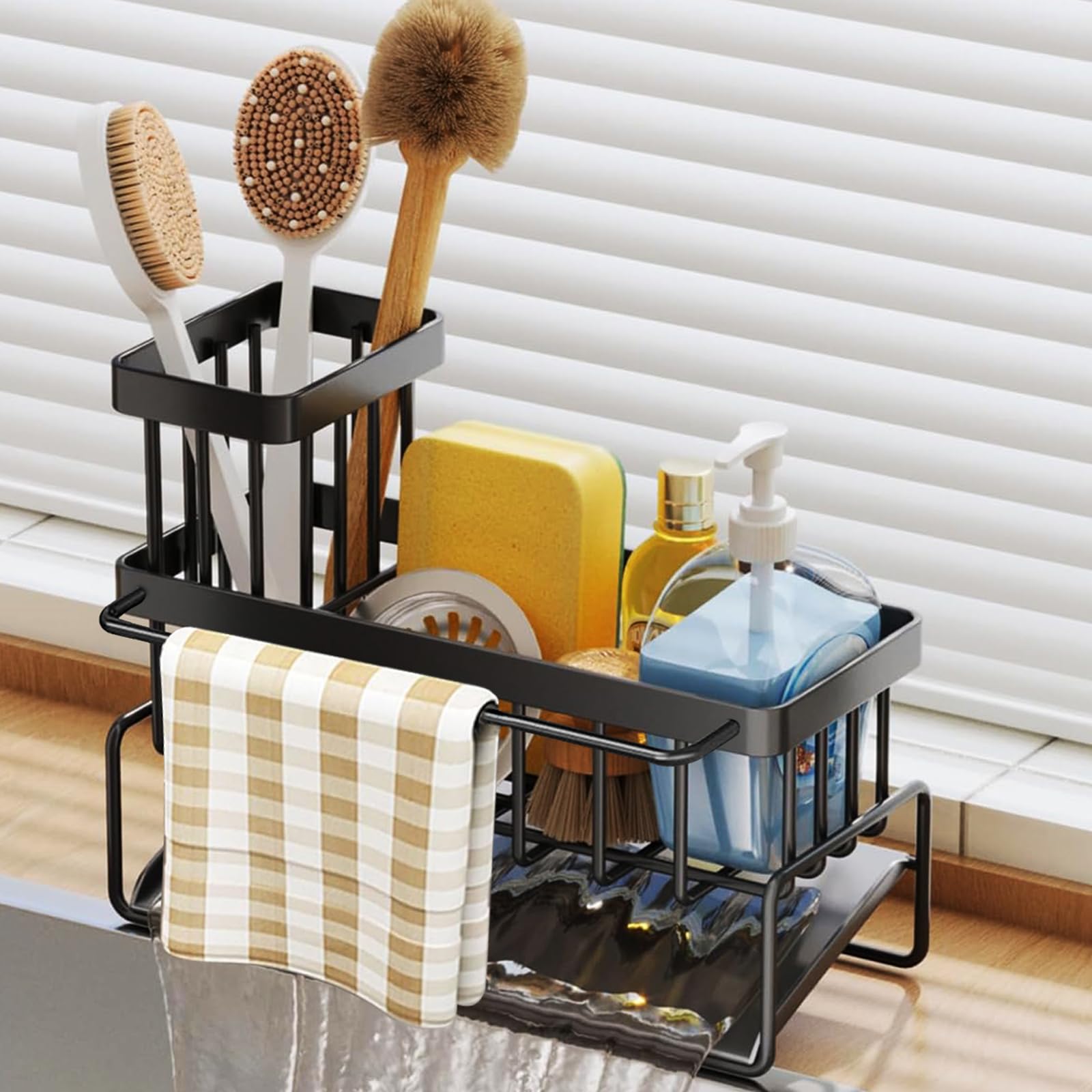 COMOCE Organizer per lavello da Cucina, in Acciaio Inox con vaschetta di Scarico, per Utensili da Cucina, Supporto per lavastoviglie, lavandino,Schwarz