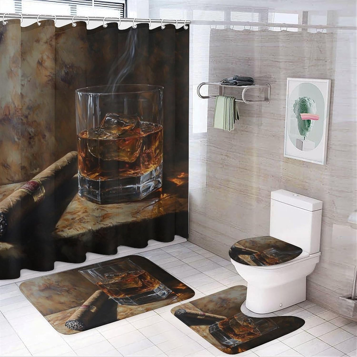 4Pcs Cigar Oil Painting Shower Curtain Set, Vintage Rustic Whiskey Glass Bathroom Decor Set with Rug Bathroom Accessory Bathroom Curtain Shower Set, 72" x 72"