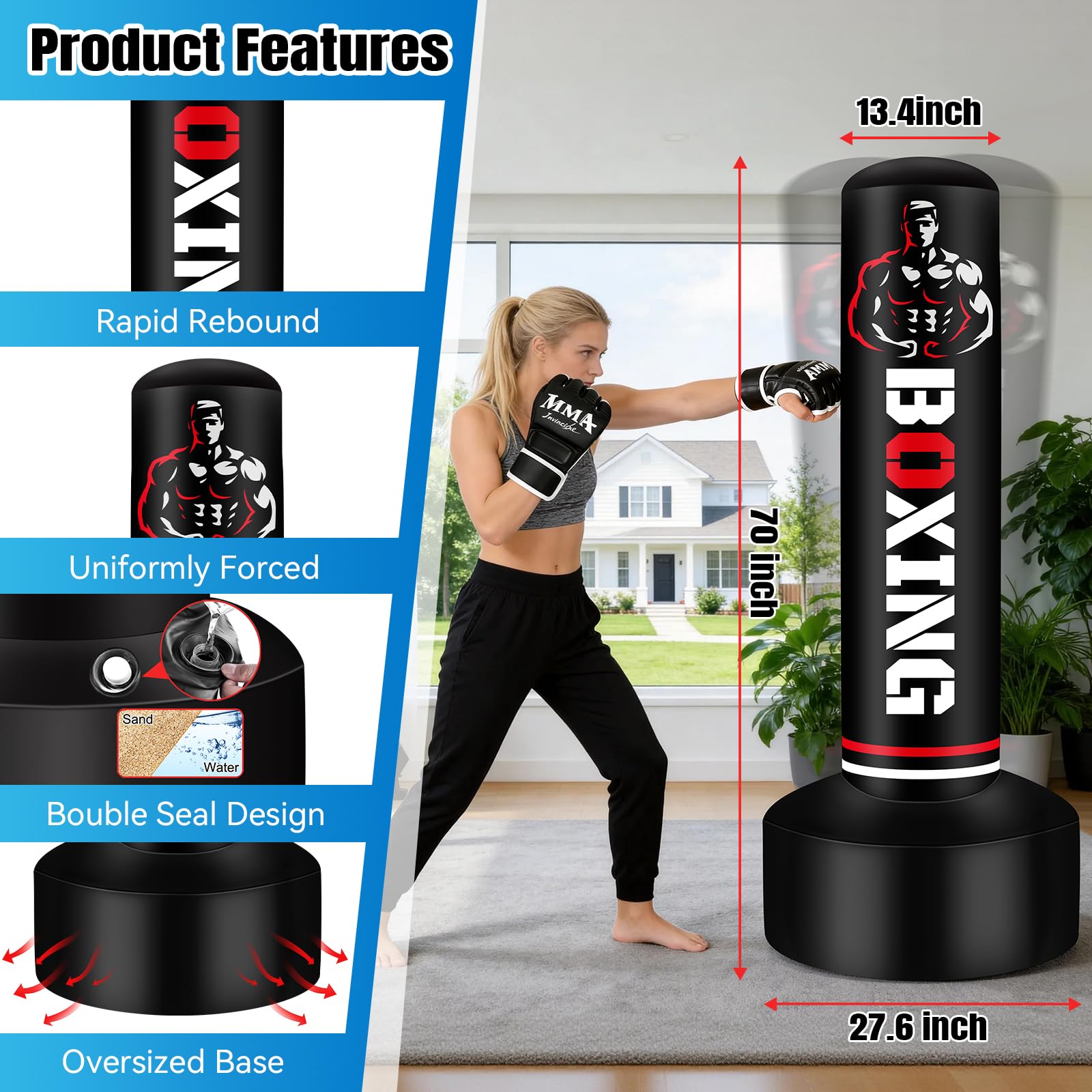 Boxsack Stehend Erwachsene 180cm mit Boxhandschuhen und Pumpe, Standboxsack für Training MMA Kickboxen