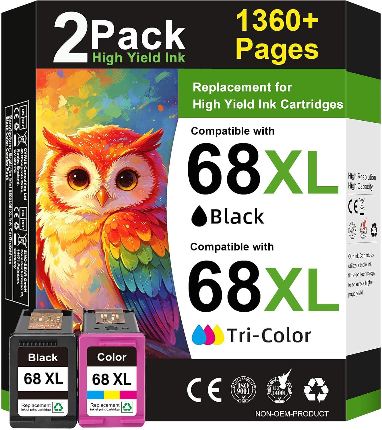 68XL 68 Ink Cartridges Black/Color Combo Pack Compatible for HP68 68 XL 68 Ink Cartridges for HP Printers Replacement for HP Ink 68 68e for Envy 6155e 6100e 6152e 6500e 6552e 6555e 6558e