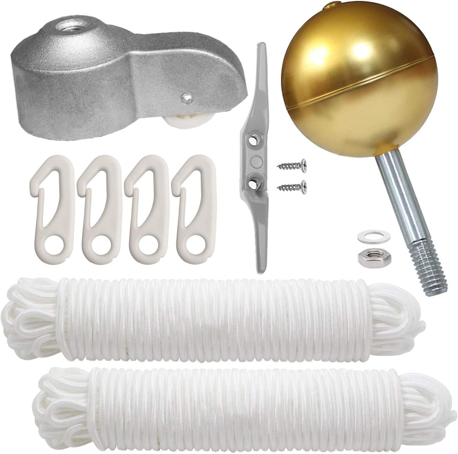PISSION Flagpole Hardware Repair Kits - 3" Gold Ball / 2pcs 46ft Flag Halyard Rope / 4" Cleat Hook / 4pcs Flag Clip Hooks/Hex Nuts/Flat Washers/Flagpole Truck for 2" Top