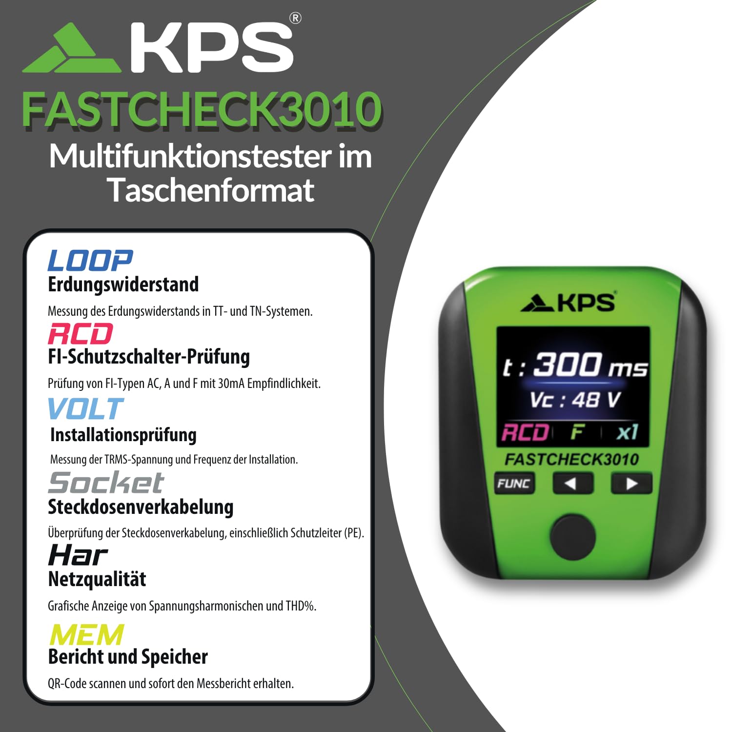 KPS FASTCHECK3010 – Multifunktionstester im Taschenformat mit TRMS-Messung | Steckdosenprüfung, RCD-Test, Schleifenimpedanz, Oberschwingungen & THD% | App für Berichte | CAT III 300V