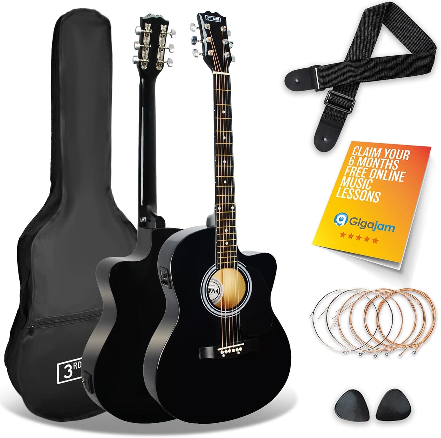 3rd Avenue Full Size 4/4 Cutaway Electro Acoustic Guitar Pack Bundle for Beginners with 6 Months FREE Lessons, Built-in Tuner and EQ – Black