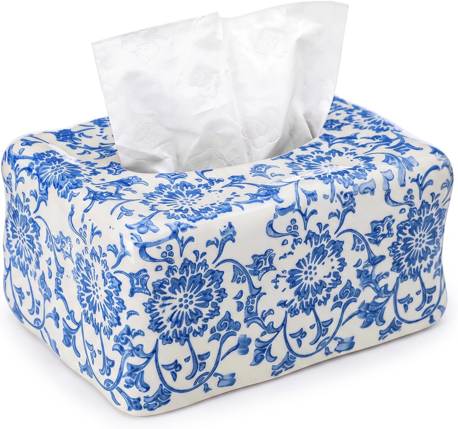 Chinoiserie Ceramic Tissue Box Cover, Blue and White Porcelain