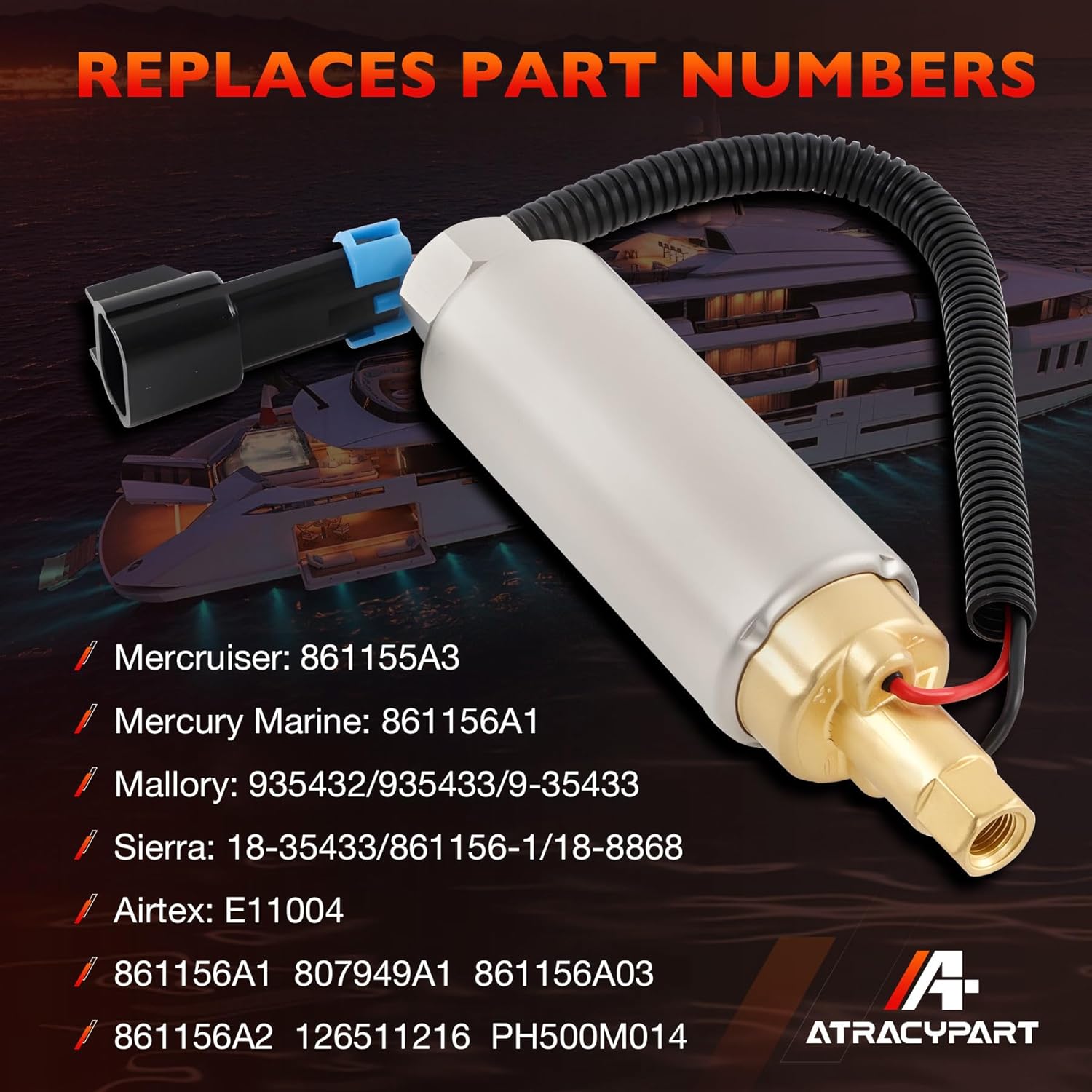 Electric Fuel Pump Compatible with Mercury Mercruiser Marine Boat 4.3L–5.7L V6 & V8 Carbureted Engines – Low Pressure, Boat Fuel Pump, OEM 861155A3 861155-2 18-8868 935432 with Gasket