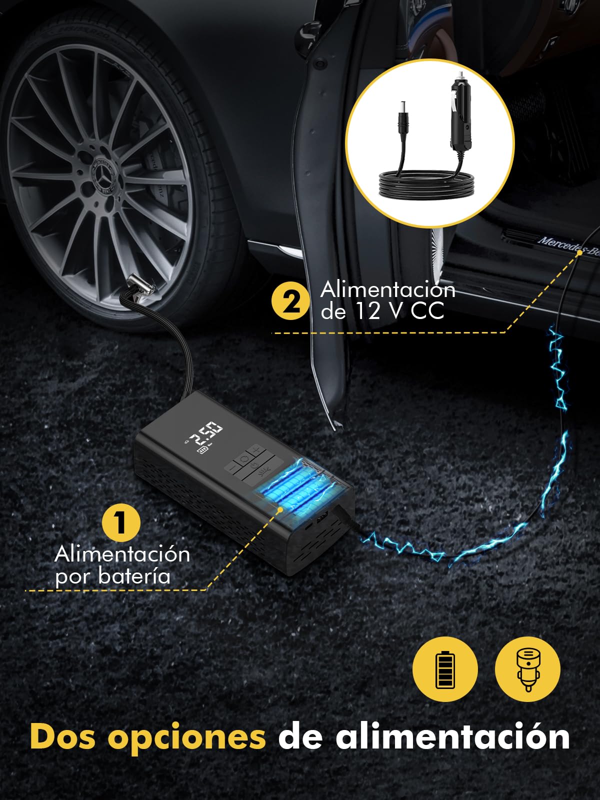 DIHOOM Compresor de Aire Portátil 45L/Min con Batería 6000mAh | Inflador Electrico de Neumáticos de Coche de 45L/min con Soporte de Power Bank, Iluminación LED Batería de 6000mAh,4 Modos