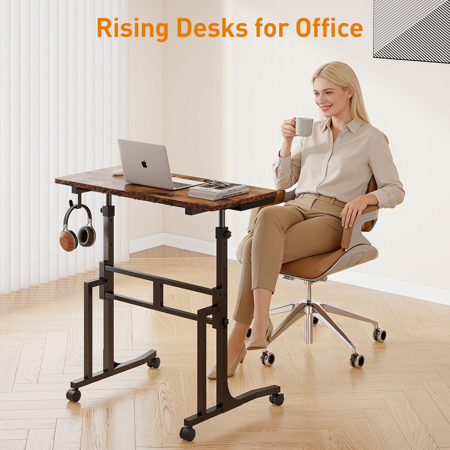 ikkle Standing Desk with Wheels, Adjustable Treadmill Desk, Rolling Bike Trainer Desk for Walking Pad Laptop, Phone Standing, Brown