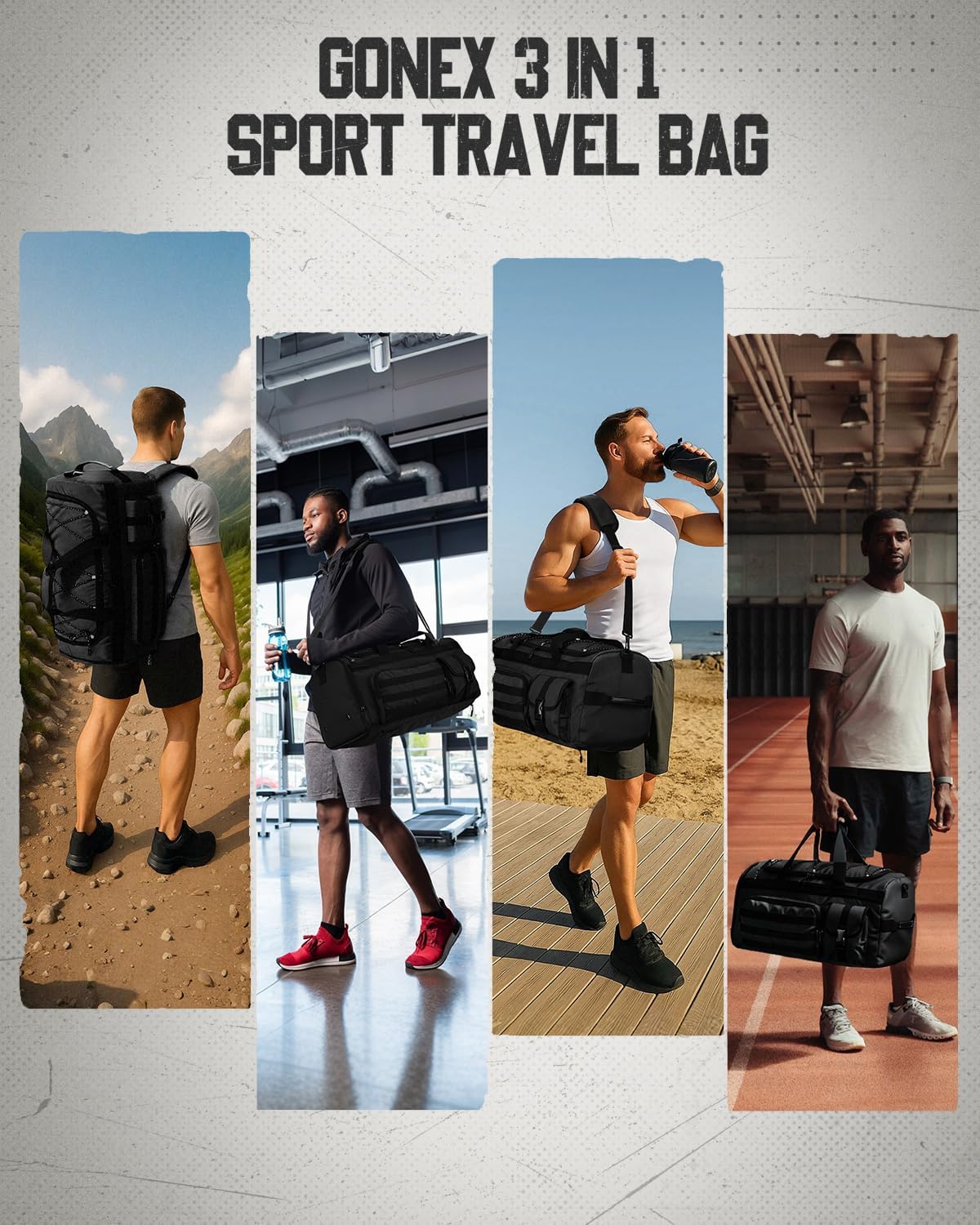 Gonex 45L Duffel Bag for Men, 3 in 1 Convertible Carry Gym Duffle with Shoe Compartment, Tactical Gear Loops, Water-Repellent Lining, Workout & Travel Bag (Black) - Image 7