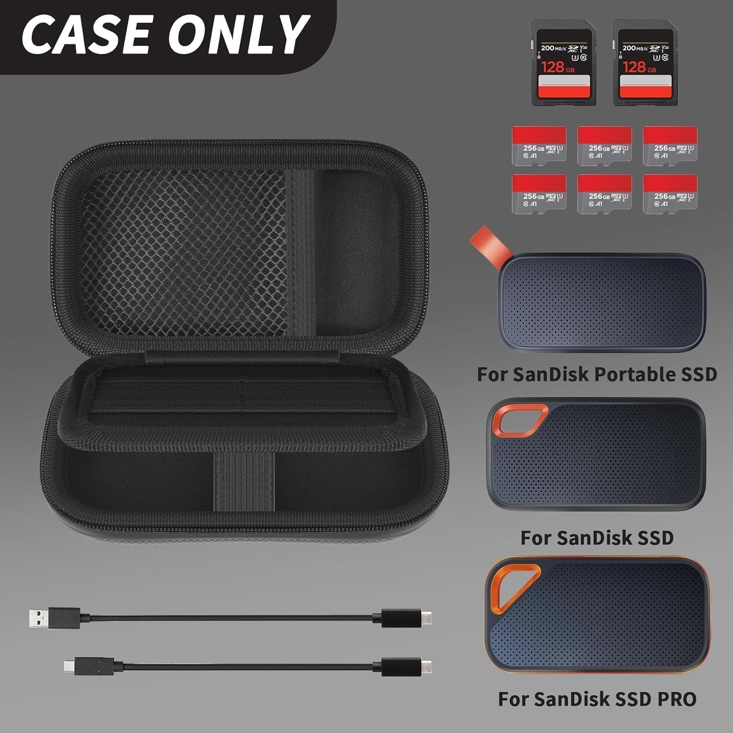 Fire Resistant SSD Case Compatible with for SanDisk Extreme Pro/for SanDisk Portable SSD 500GB 1TB 2TB 4TB 8TB, for Crucial X9 X10 Pro, Travel Organizer with SD Card Slots & Cable Pocket, Bag Only