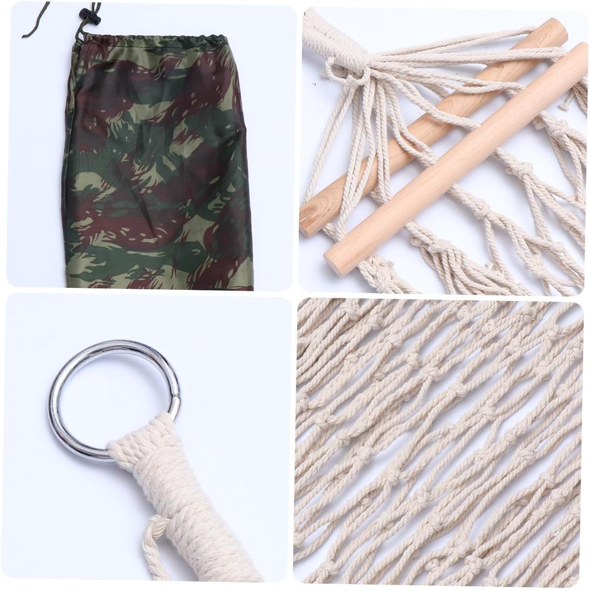 minkissy Single Rope Hammock with Wood Stick, Cotton Mesh Outdoor Swing Chair, Portable Hanging Sleeping Bed for Camping and Indoor Leisure, Includes Heavy-Duty Rope and Carry Bag