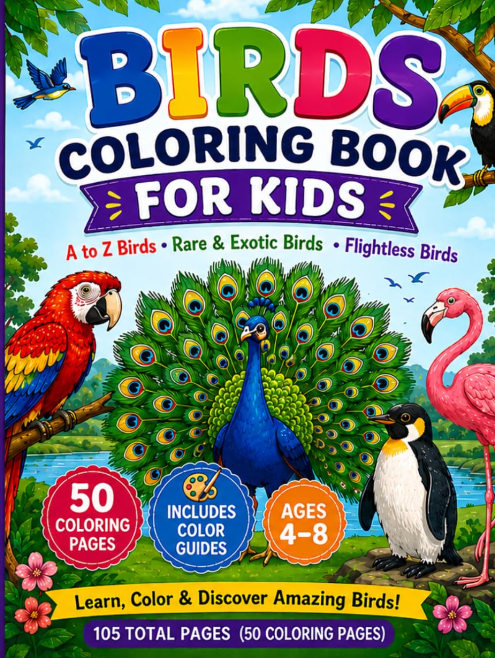 BIRDS COLORING BOOK FOR KIDS: Alphabet Birds • Rare & Exotic Birds • Flightless Birds Fun & Educational Coloring Book for Ages 4–8