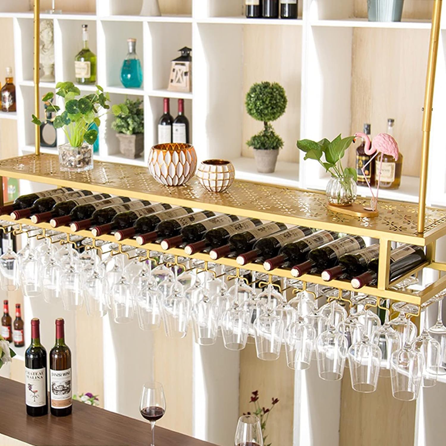 Wrought Iron Wine Rack with Hanging Wine Storage Shelf and Height Adjustable Bar Counter Cabinet Cash Register Wine Holder for Restaurant Bar Upside Down Wine Glass Rack Included (