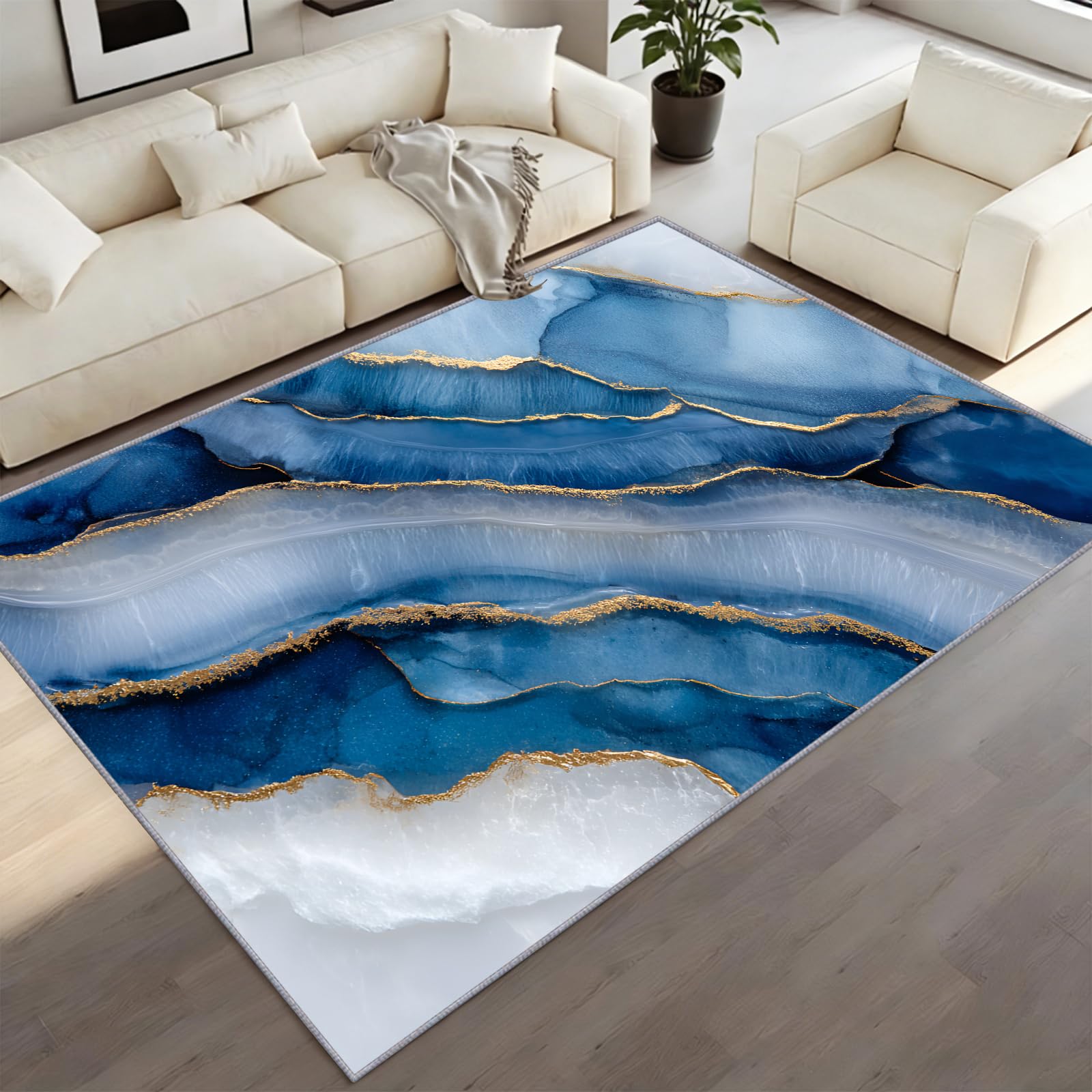 CAQDUEP Navy Blue Marble Rug 120x170cm Modern Abstract Marble Area Rugs, Luxury Crackle Rug Contemporary Minimalist Area Rugs Washable Non-Slip Carpet For Living Room